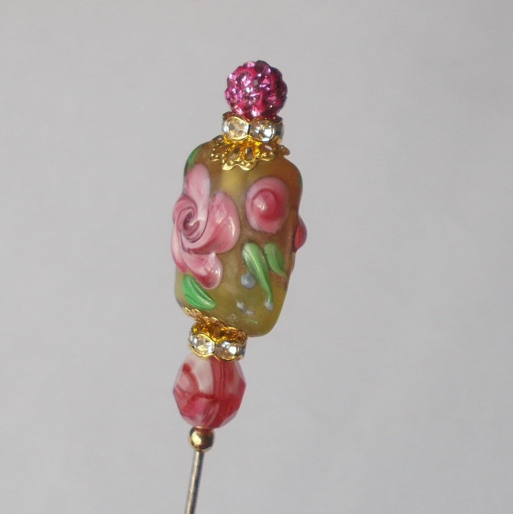 Handmade Floral Glass Bead Hatpin - Pink & Yellow - 6 Inch - image 3