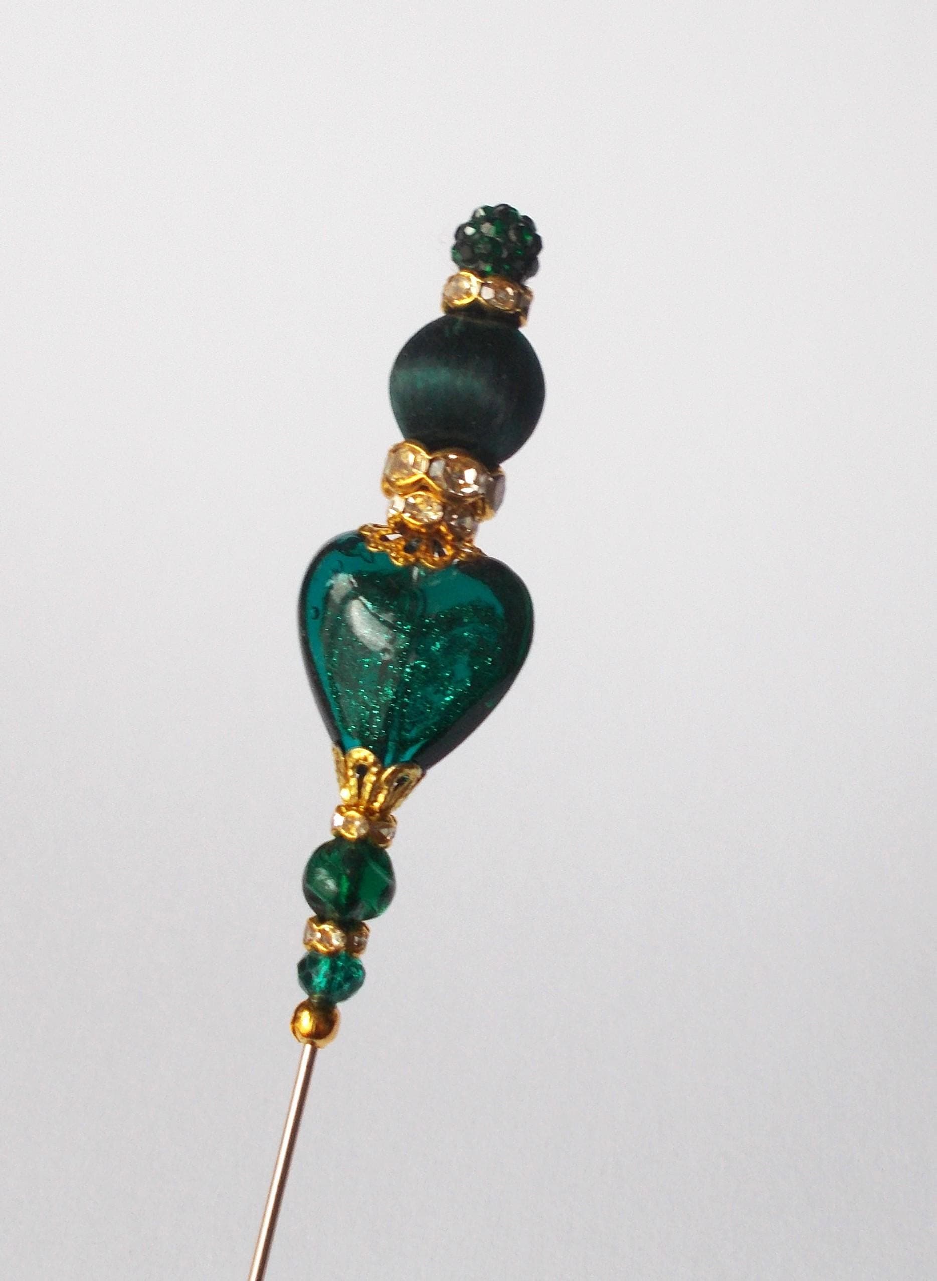 Hatpin - Handmade Dark Green Mix Glass Bead 7 inch Hatpin / 1mm Diameter Steel Pin - image 5