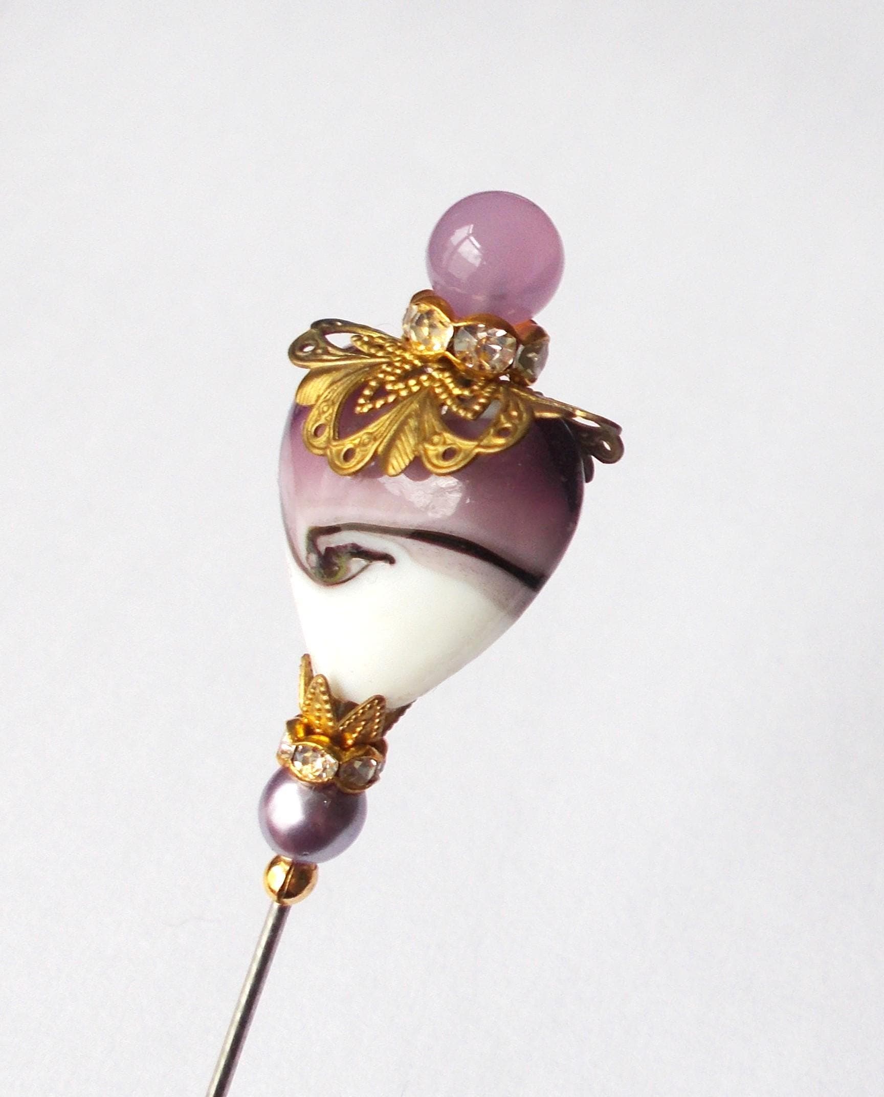 Amethyst Heart Glass Hatpin: Vintage Brass & Rhinestone Accent - image 3
