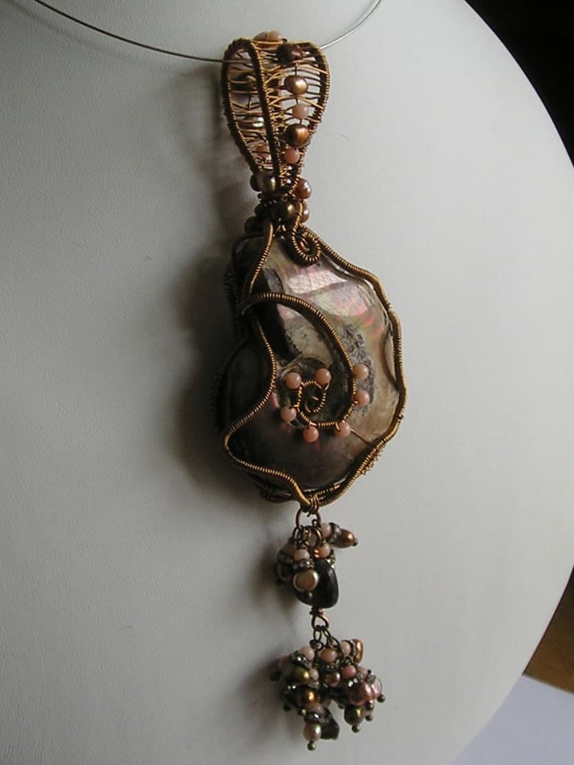 Handmade Ammonite Pendant: Wire Wrapped Coral & Pearl Tassel - image 4