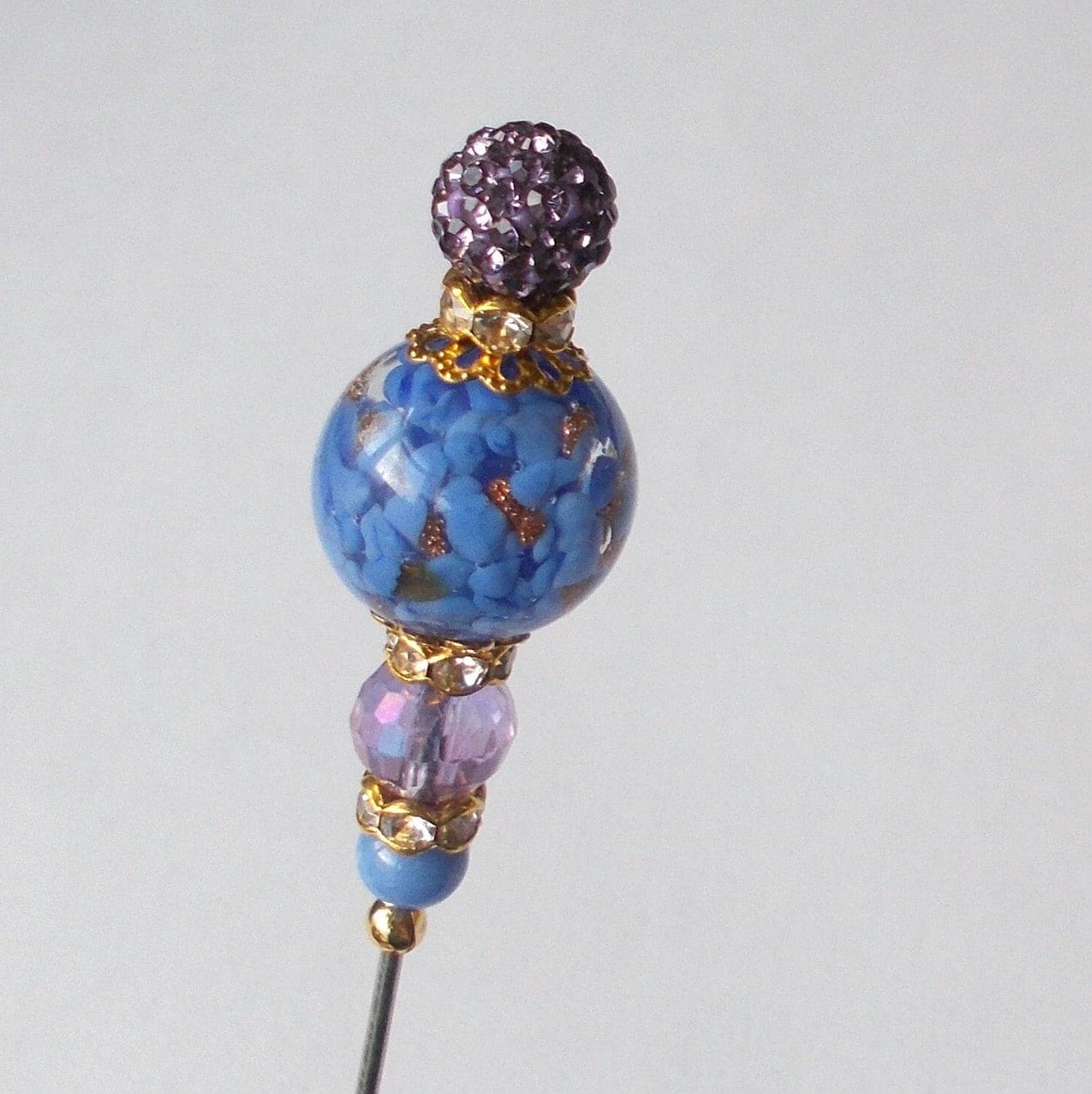 Blue & Gold Sommerso Glass Hatpin - Handmade Lilac Bead Steel Hat Pin - image 5