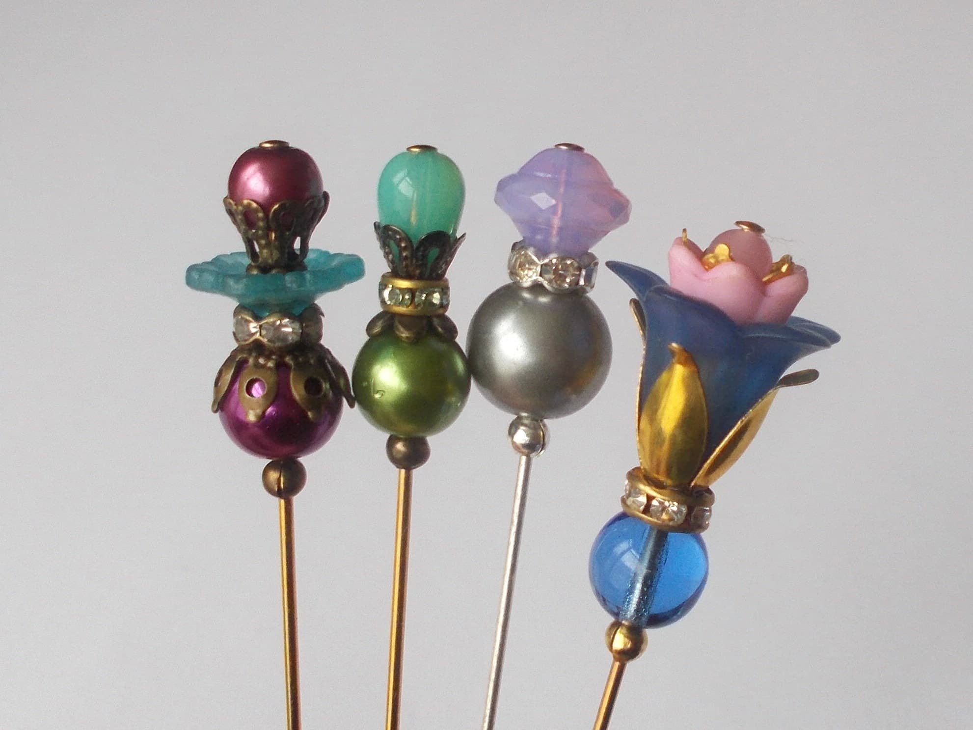 Beaded Hijab Pins: Faux Pearl, Glass, Lucite - Handmade Set of 4 - image 4