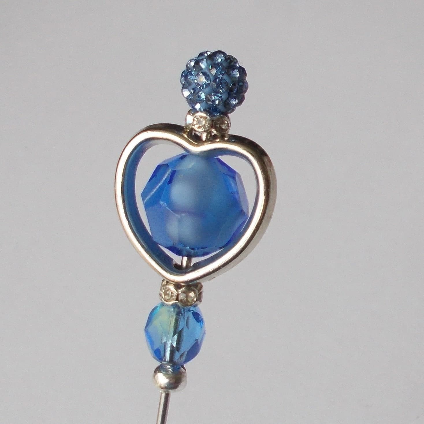 Handmade Silver Heart Hatpin: Blue Glass Bead Accent