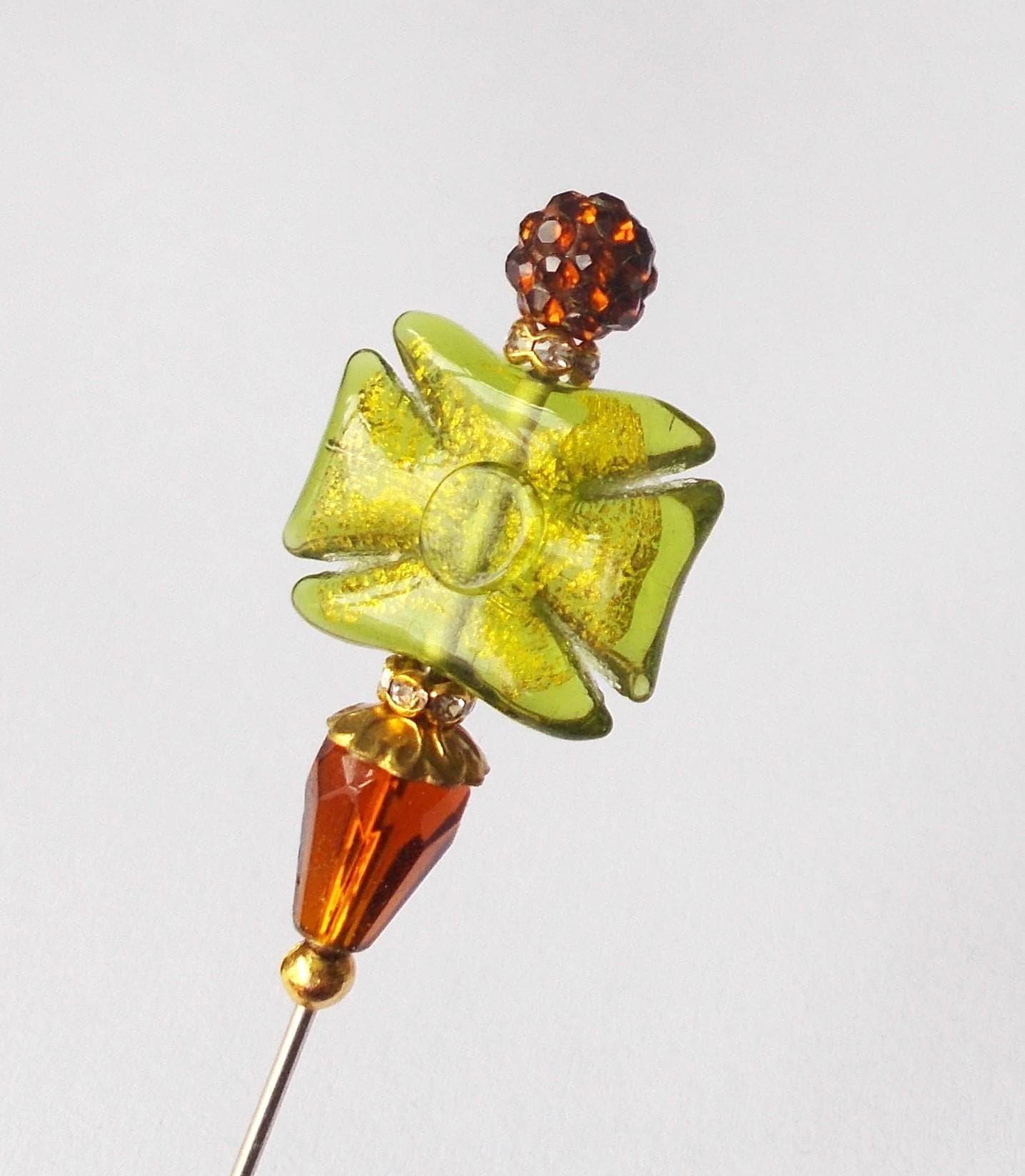 Hatpin - Green and Brown Glass Bead & Gold Coloured - 6 inches - 1mm Diameter Steel Pin.