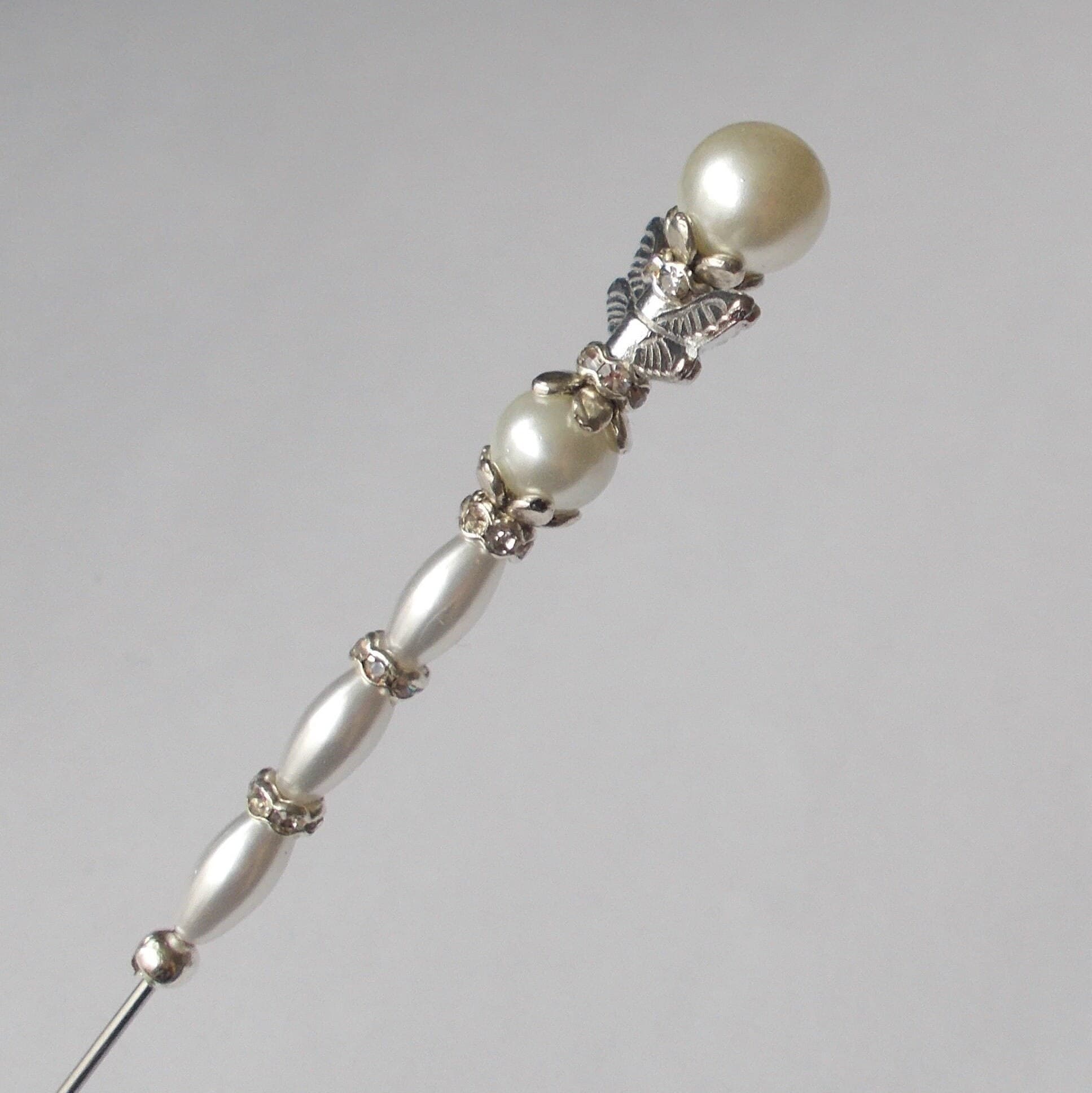 Hatpin - Handmade Faux Pearl Dragonfly Hatpin - Silver Coloured Findings - 7 Inches Long - 1mm Diameter - Gift for Her - image 5