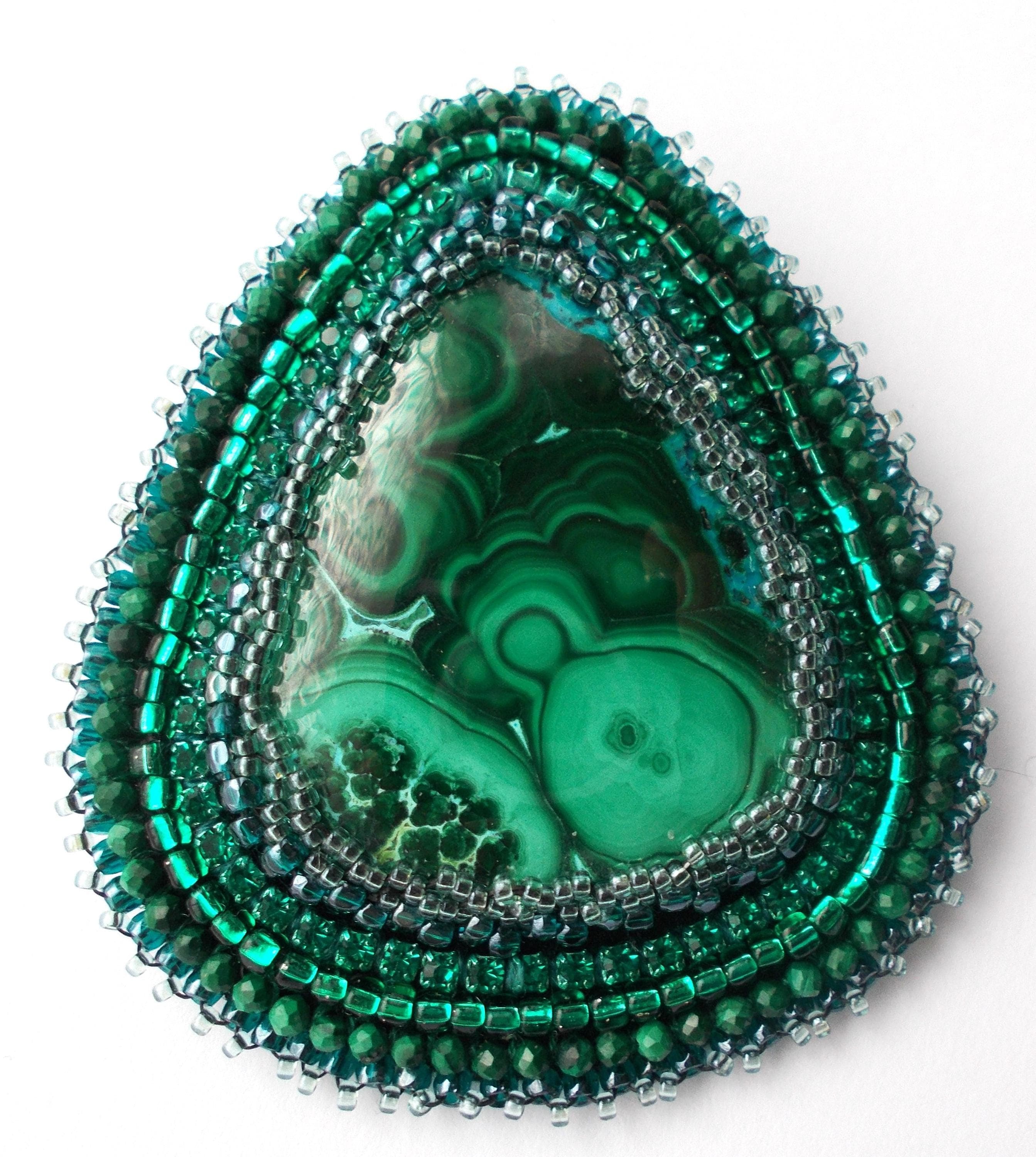 Brooch - Stunning Malachite Cabochon Hand Beaded Brooch.