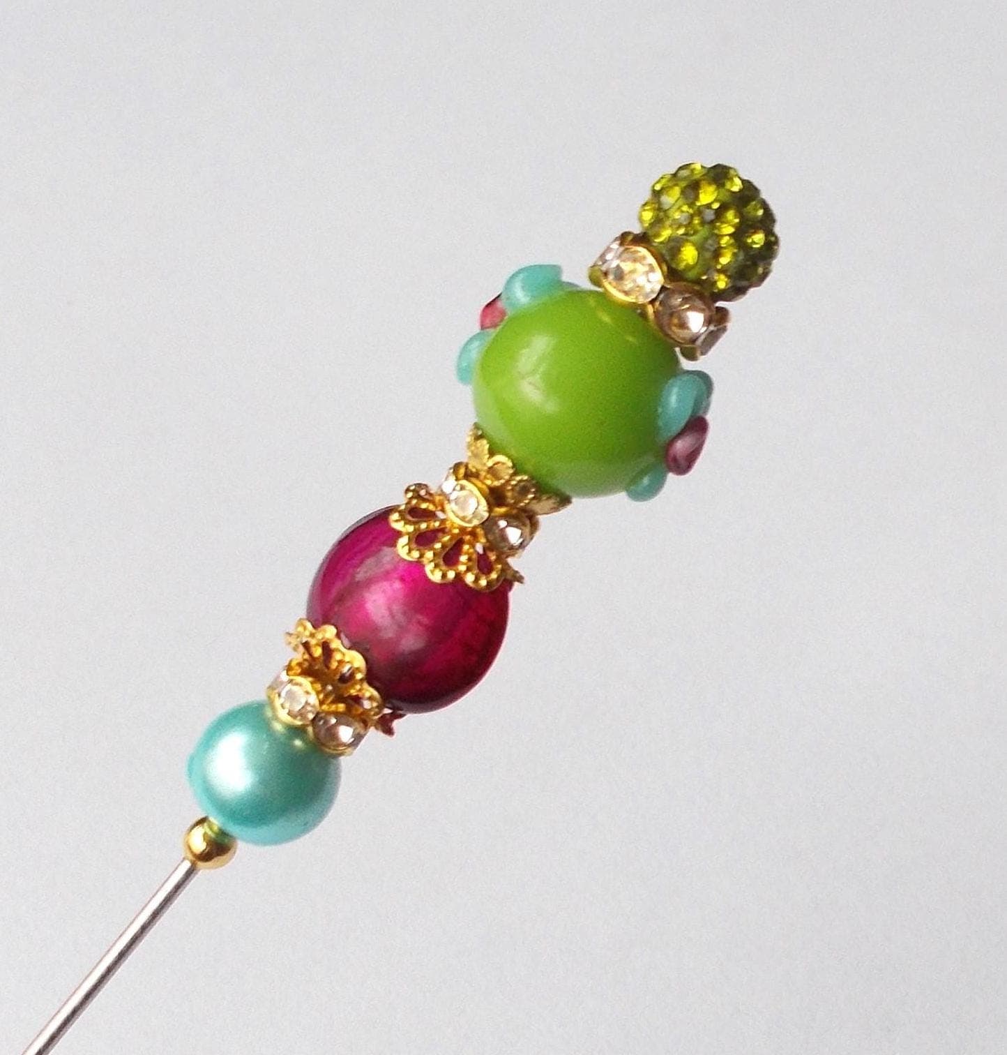 Handmade Glass Bead Hatpin: Green, Fuchsia, and Gold (6.25 inch)