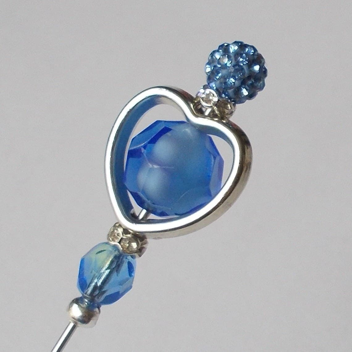 Handmade Silver Heart Hatpin: Blue Glass Bead Accent - image 4