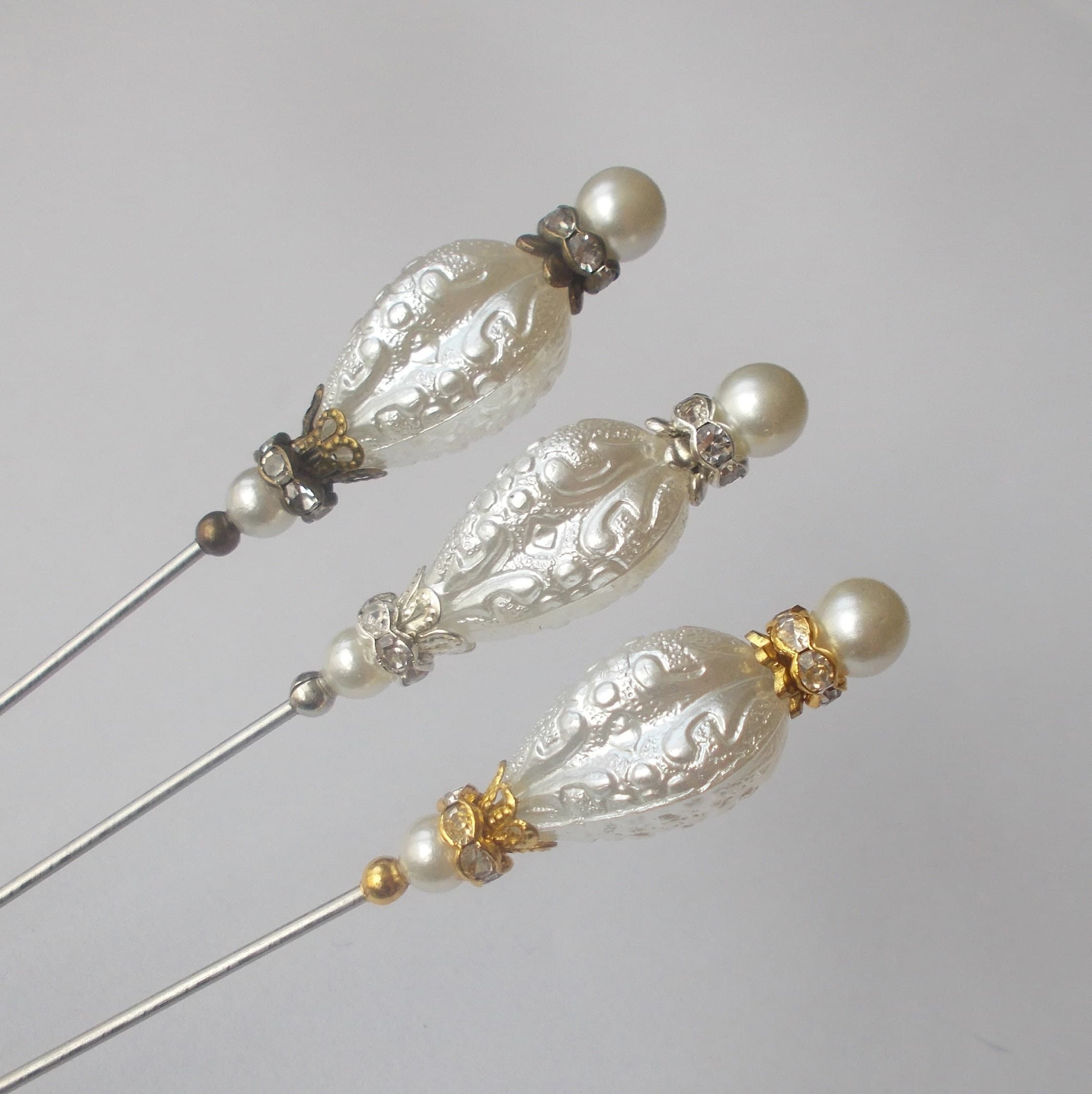 Handmade Faux Pearl Hatpin: Silver, Gold, or Bronze Steel Pin