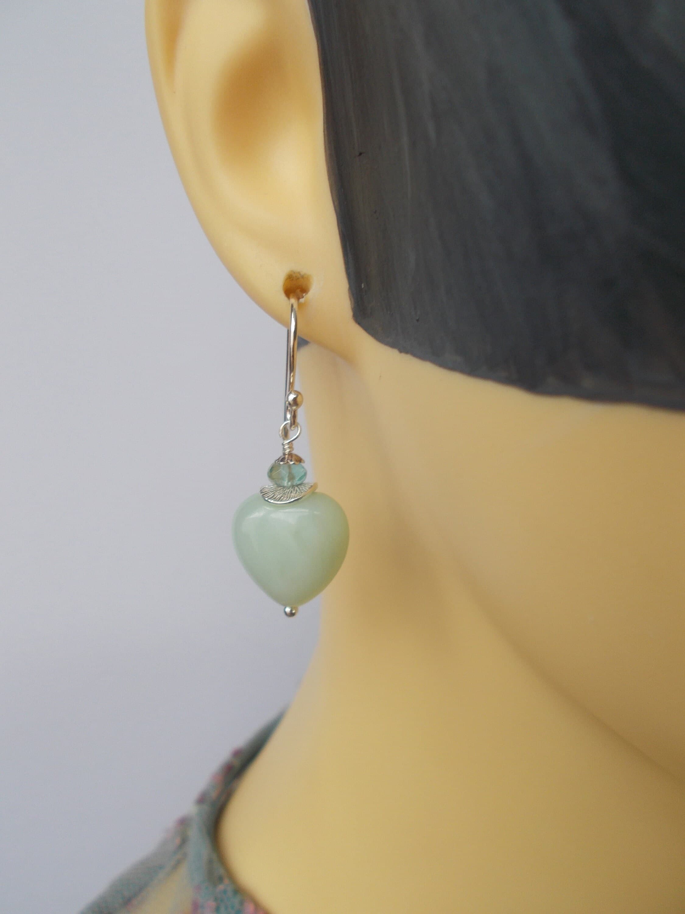 Handmade 925 Silver Earrings: Green Jade Heart & Flourite Gemstone - image 3