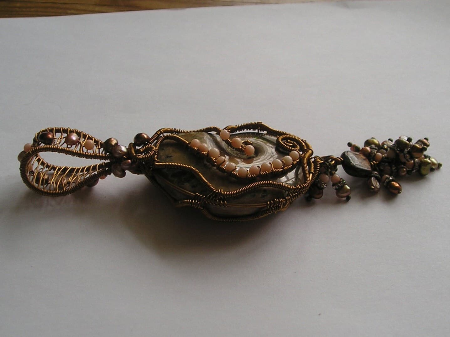 Handmade Ammonite Pendant: Wire Wrapped Coral & Pearl Tassel - image 5