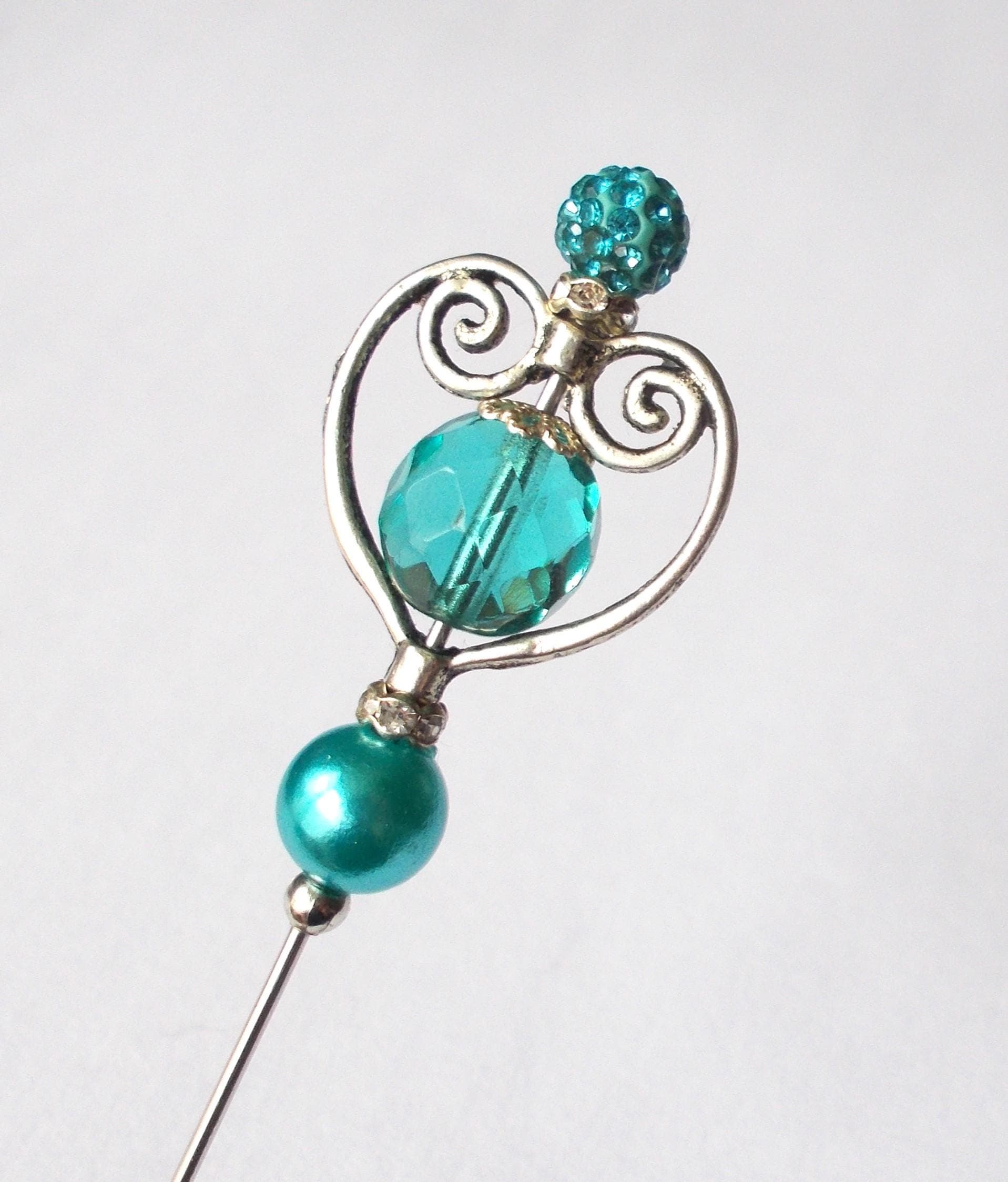 Handmade Silver Heart Hatpin: Blue Glass & Faux Pearl Bead - image 4
