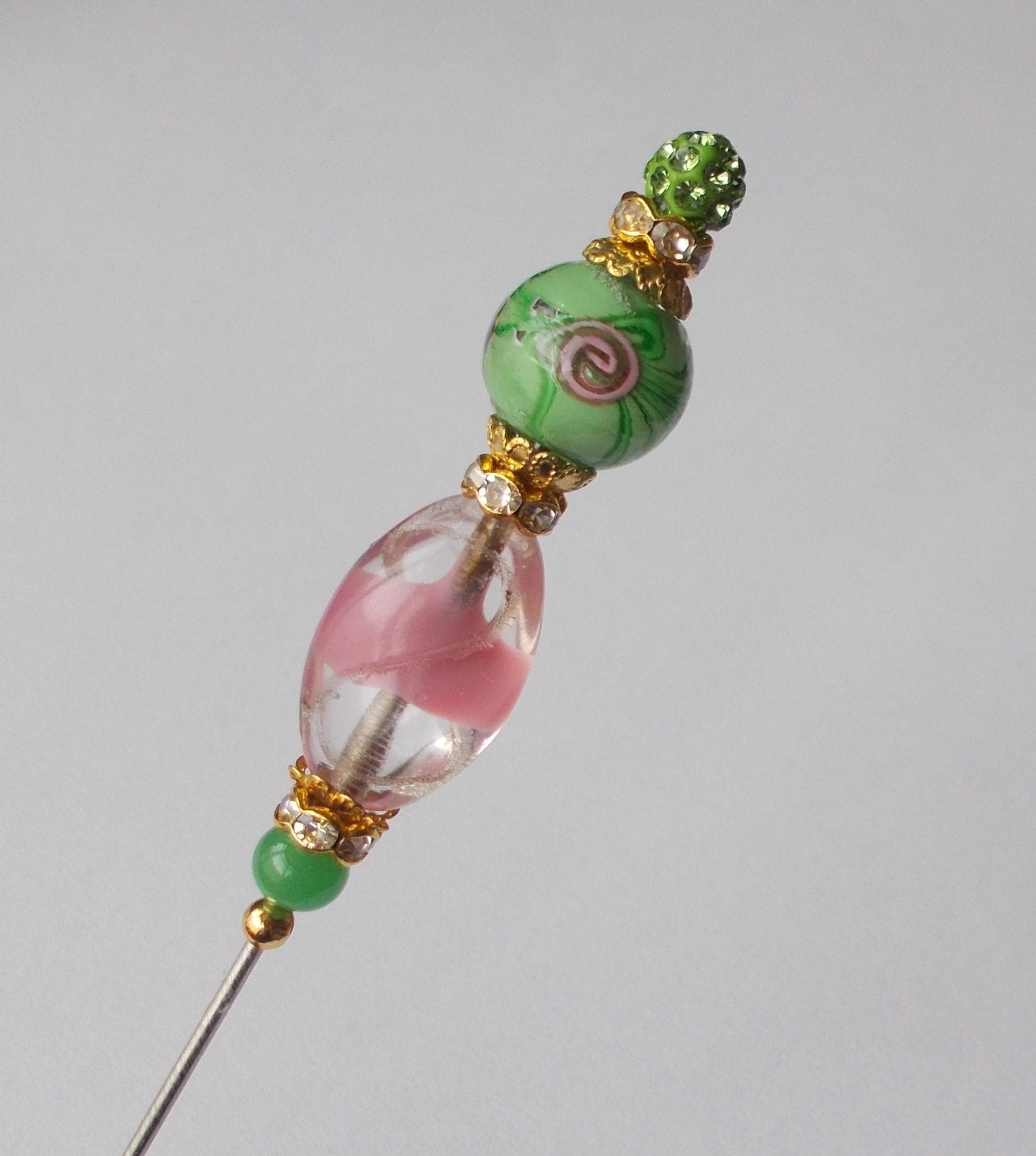 Hatpin - Green and Pink Glass Bead Handmade Hatpin, Gold Coloured Findings, 1.2mm Diameter Steel Pin, 6.25 Inches Long. - image 5