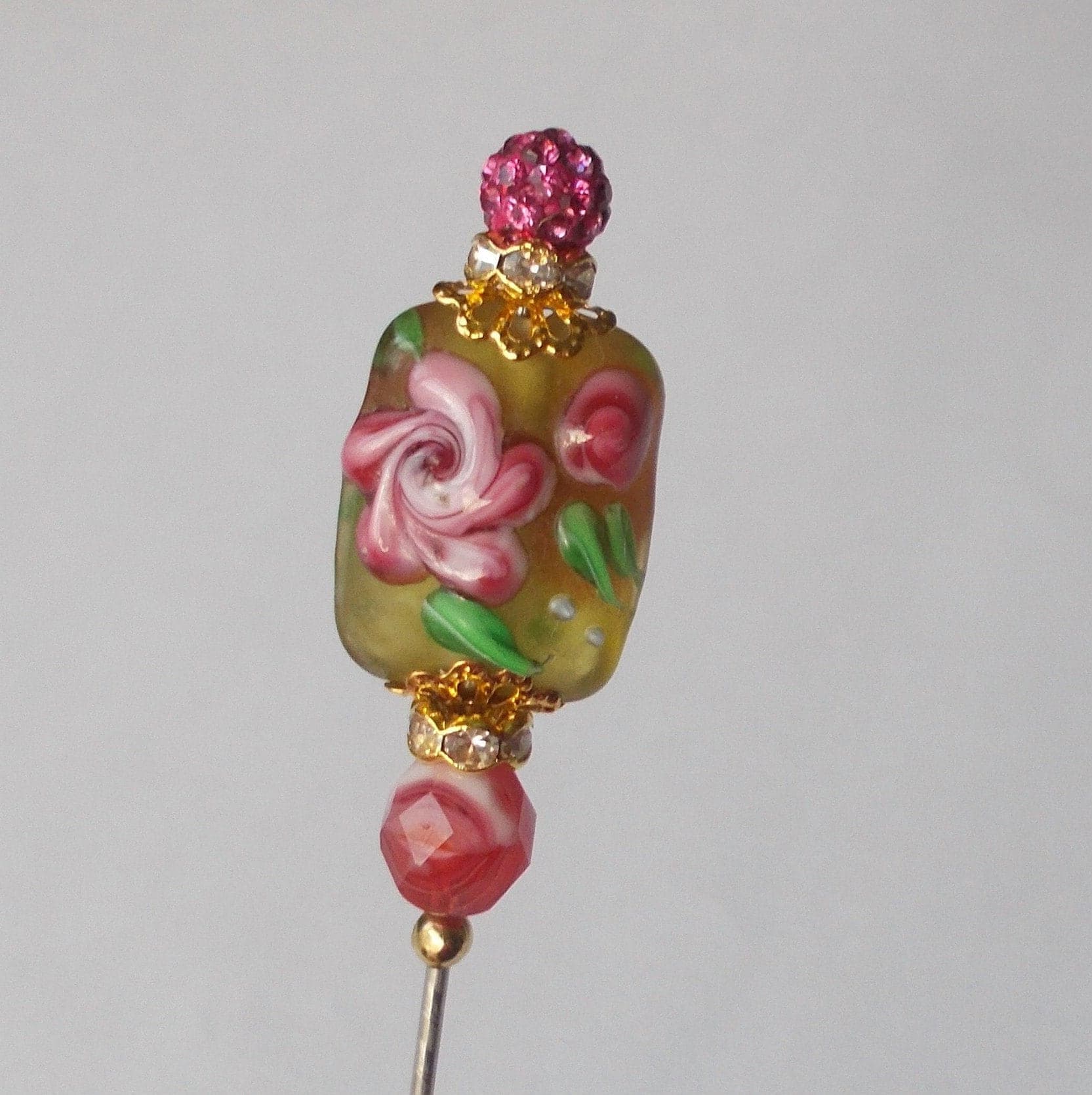 Handmade Floral Glass Bead Hatpin - Pink & Yellow - 6 Inch