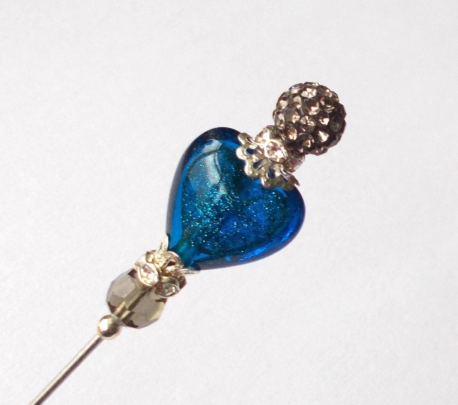 Blue Glitter Heart Hatpin: Handmade Rhinestone Steel Pin (5.25 inch) - image 3
