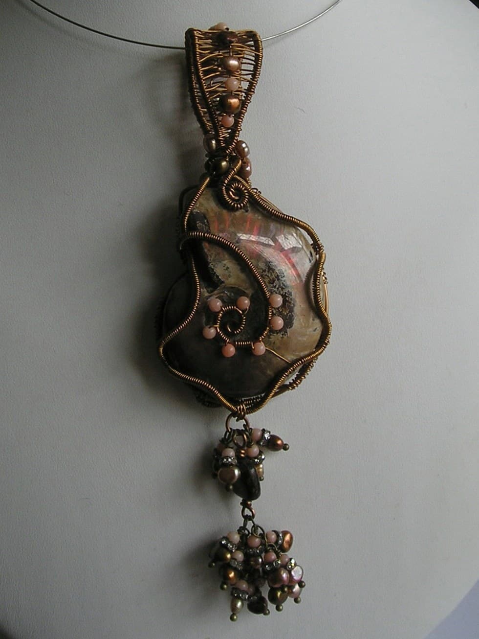 Handmade Ammonite Pendant: Wire Wrapped Coral & Pearl Tassel - image 3