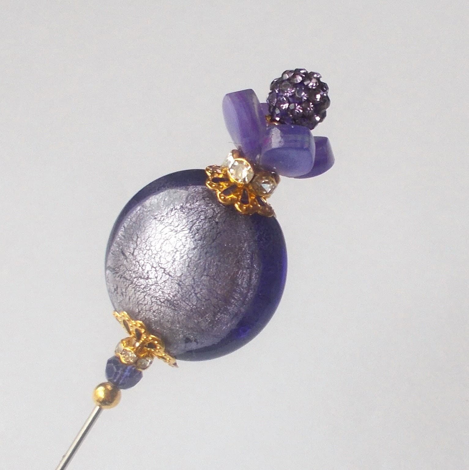 Lilac Foil Glass Hatpin: Handmade Rhinestone Bead, Gold Tone - 6.25" - image 3