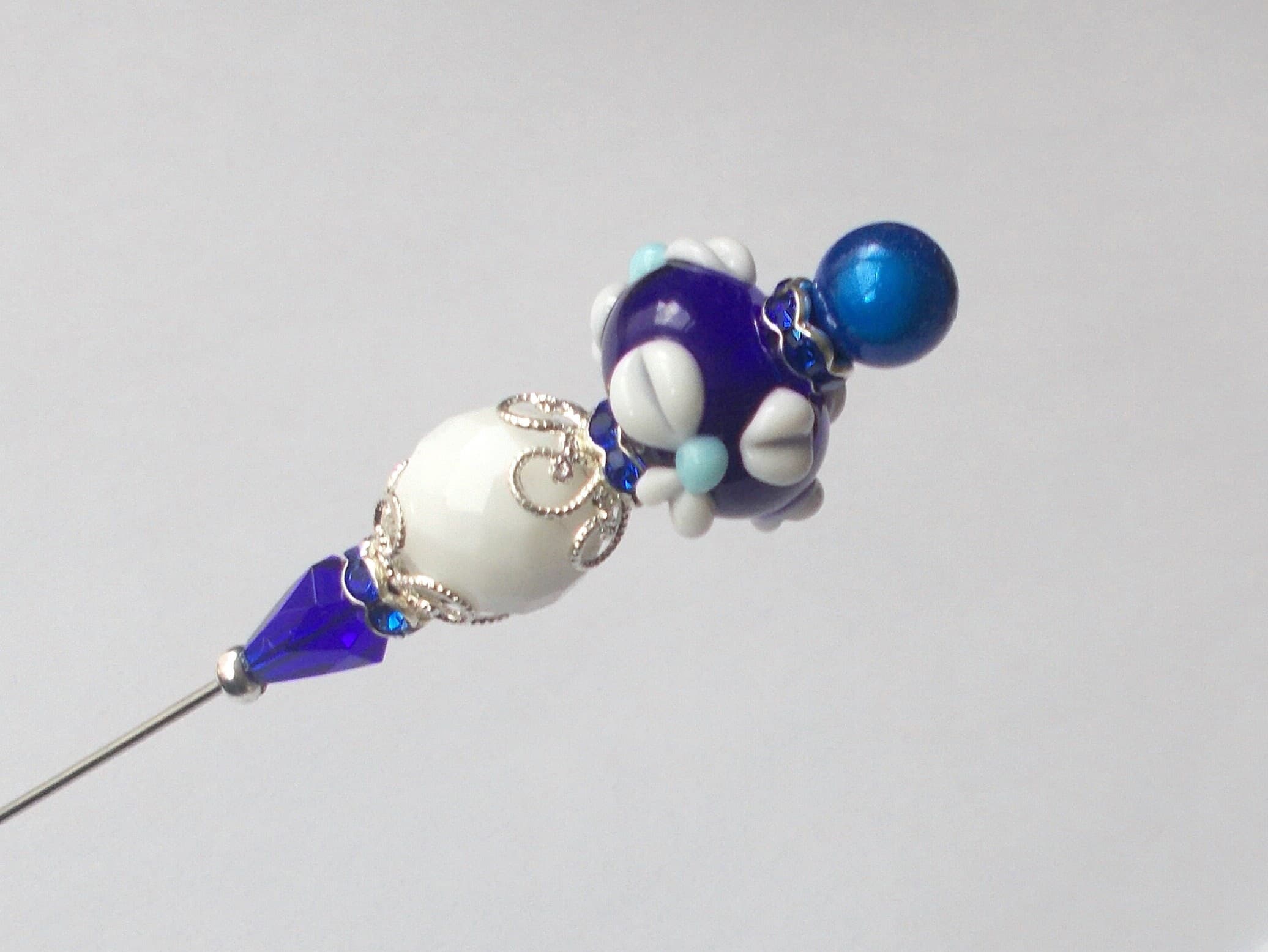 Handmade Cobalt Blue Glass Bead Hatpin - Silver Tone - 7.25 Inch - image 3