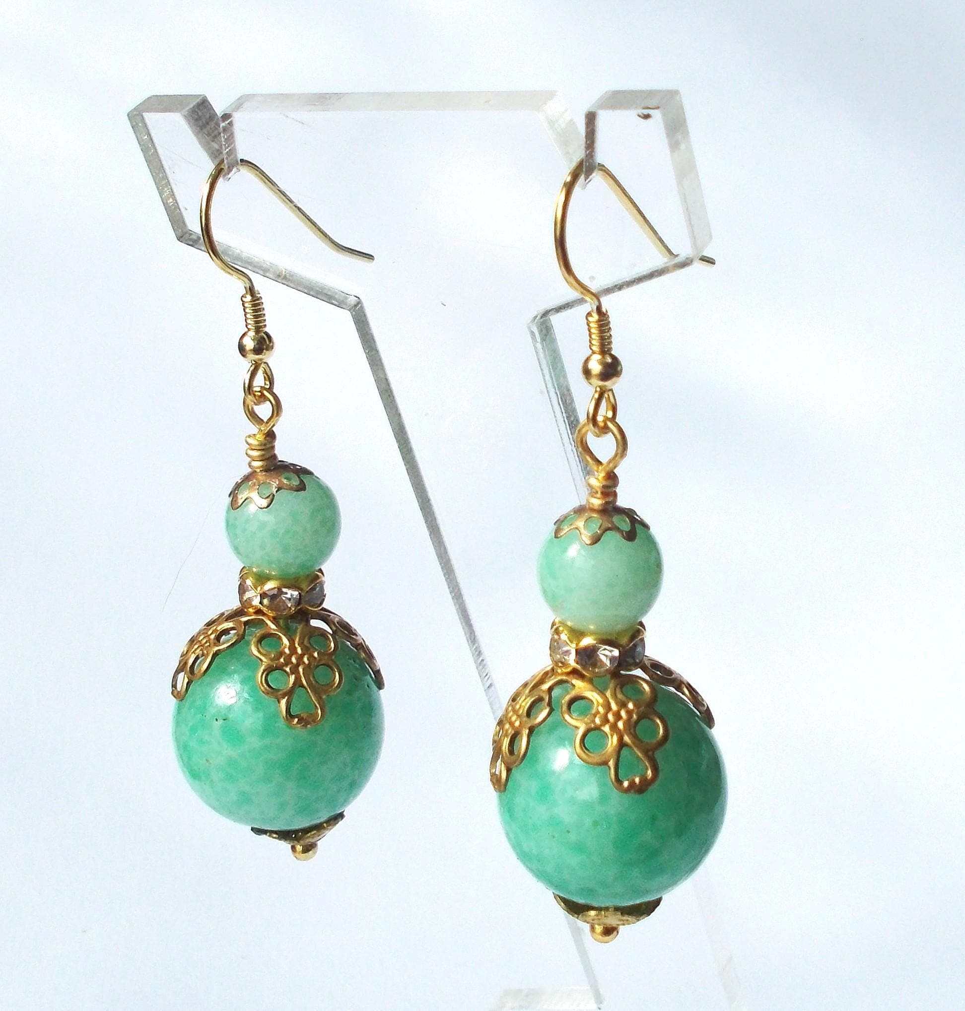 Earrings - Vintage Green Peking Glass Beads with Brass Findings - Gold Vermeil Ear Hooks - image 3