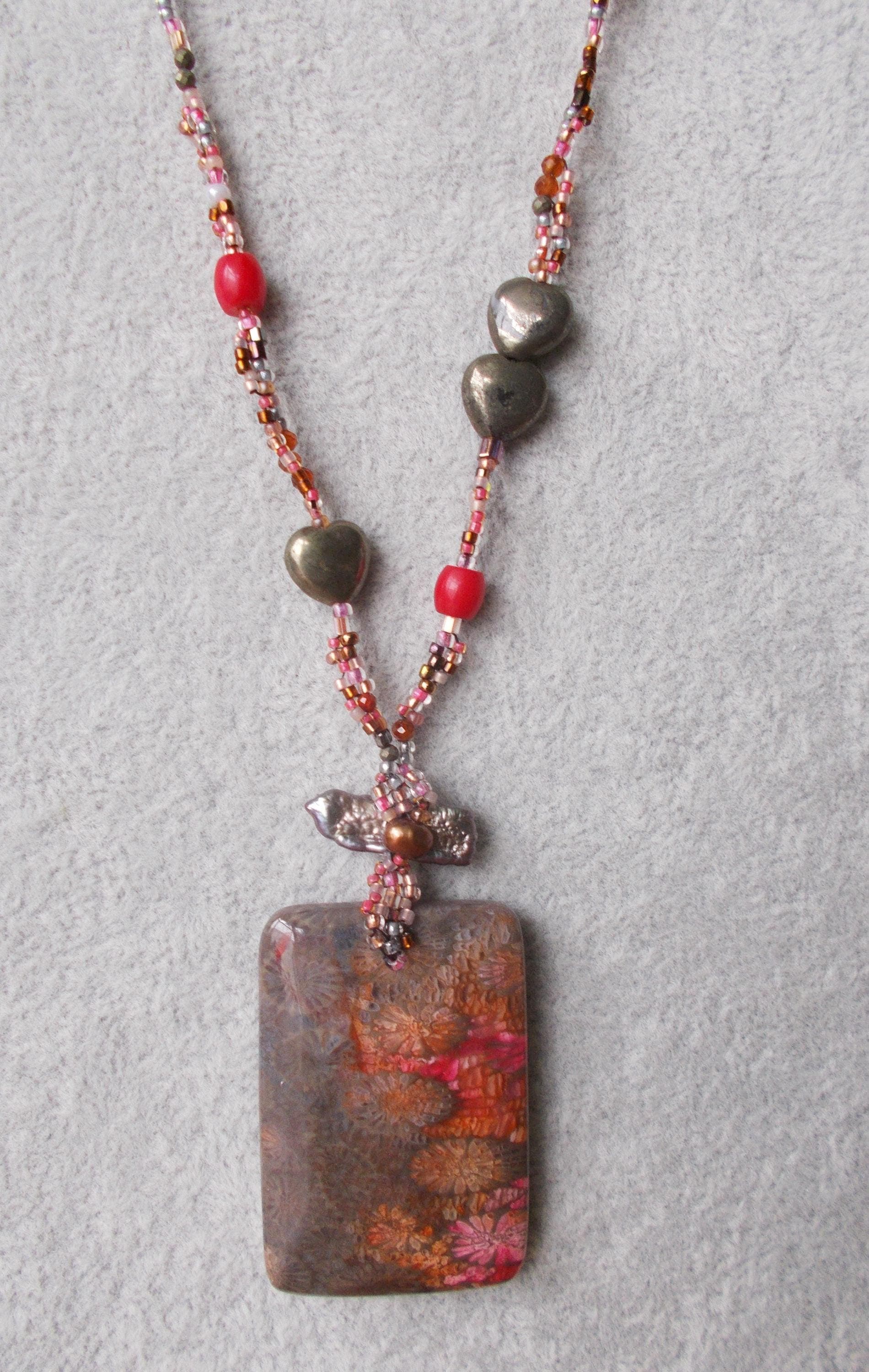 Fossilized Coral Pendant Necklace: Biwa Pearl, Garnet, Sterling Silver, 16.5 Inch - image 5