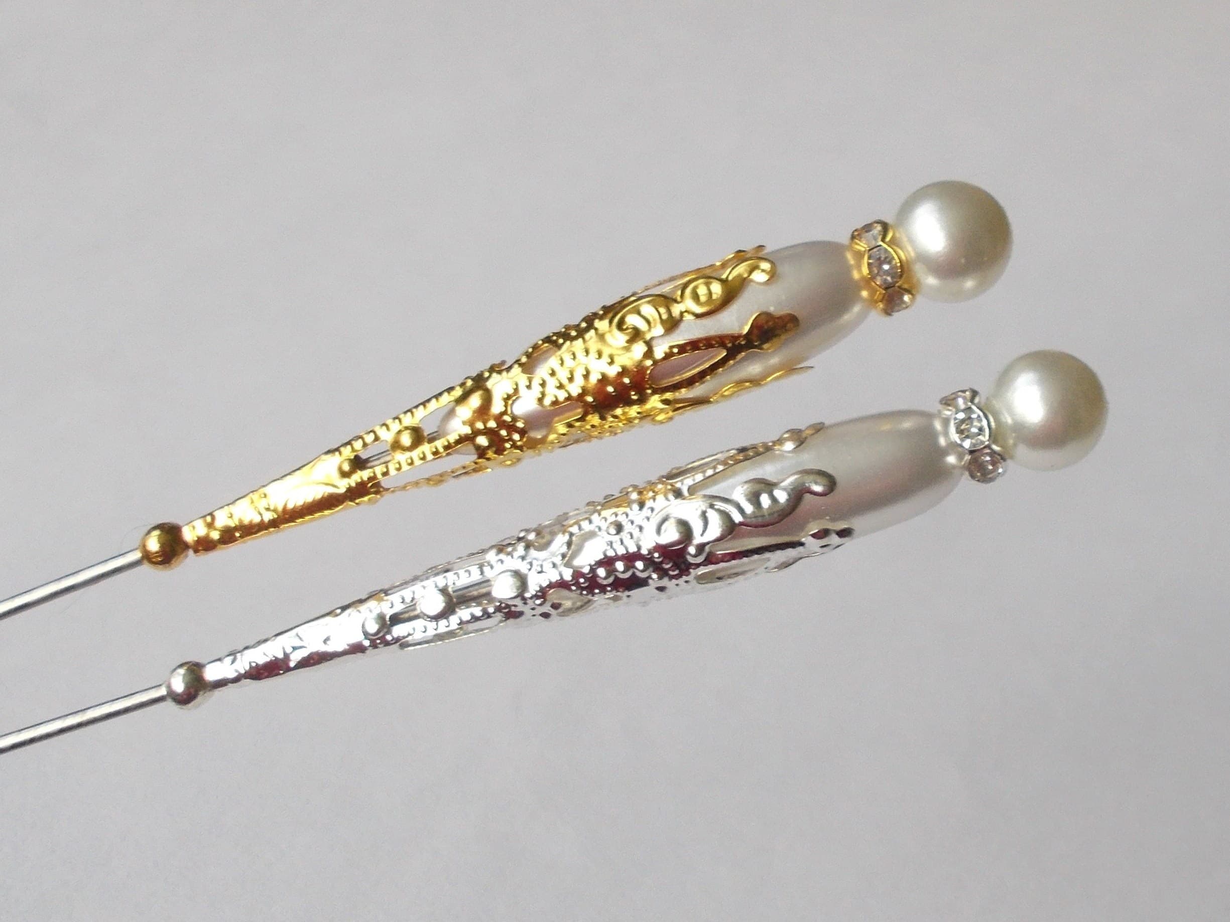 Handmade Faux Pearl Hatpin: Silver or Gold Steel Pin