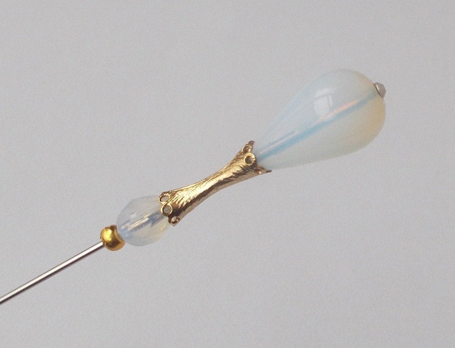 Handmade Opaline Glass Hatpin: Vintage Brass Finding, 5.5 inch
