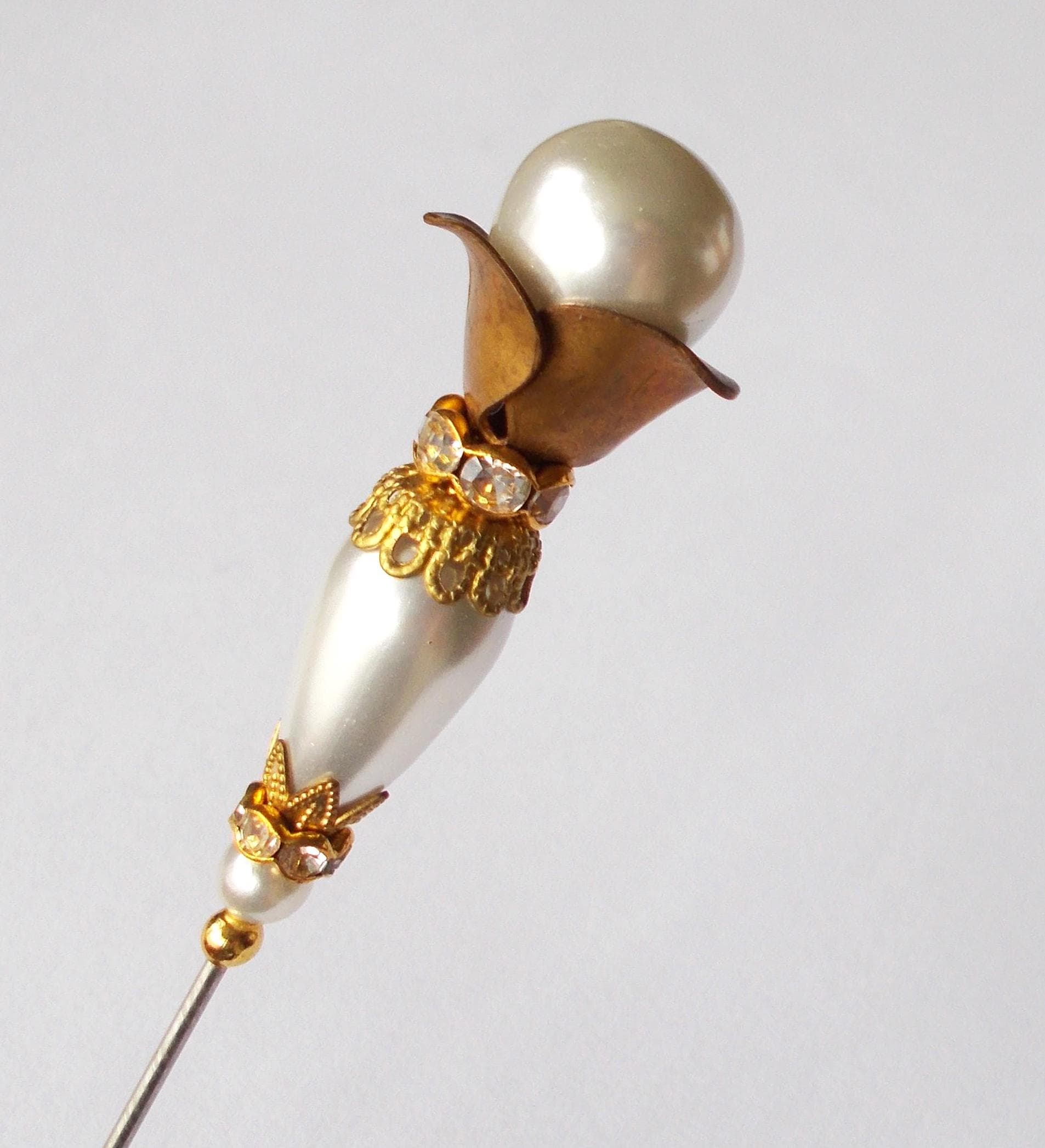 Handmade Faux Pearl Hatpin: Vintage Gold Steel Pin (5.25 inch) - image 3
