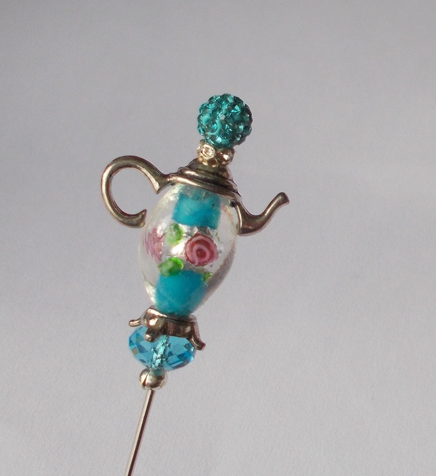 Hatpin -  Blue Glass Bead, Silver Color Teapot Handmade Hatpin, 1mm Diameter Steel Pin, 4.5 Inches Long. - image 4