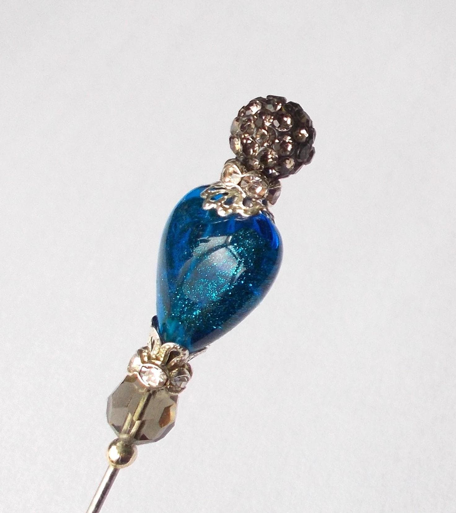 Blue Glitter Heart Hatpin: Handmade Rhinestone Steel Pin (5.25 inch) - image 5