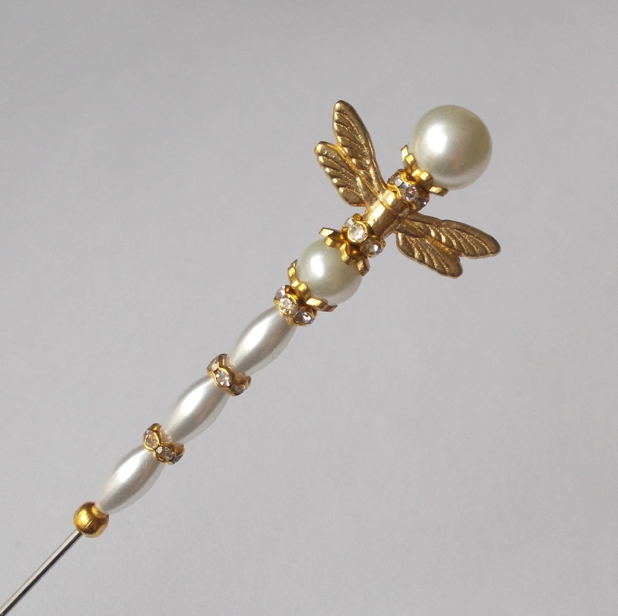 Handmade Faux Pearl Dragonfly Hatpin: 7 inch Veil Pin - image 4