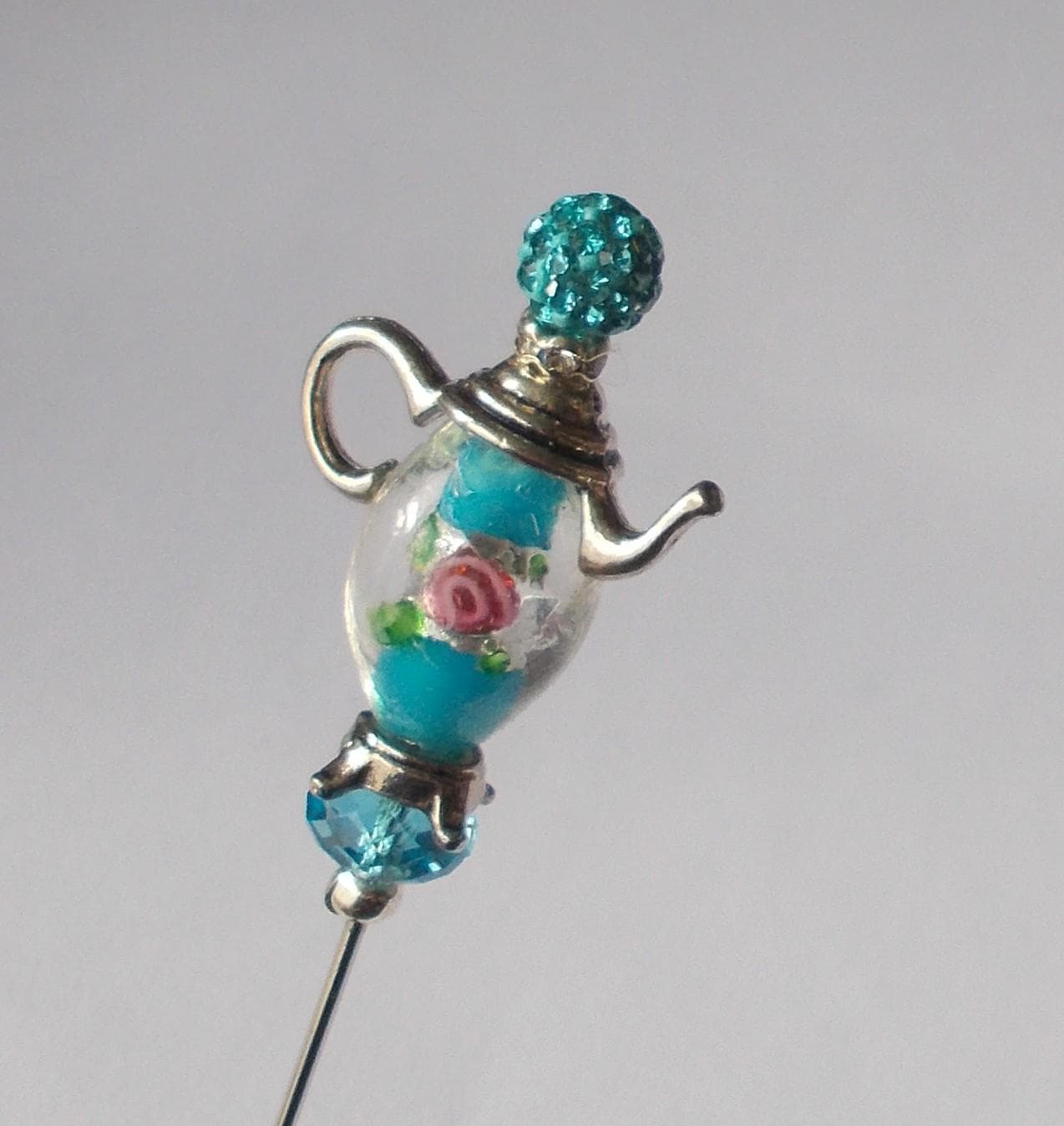 Hatpin -  Blue Glass Bead, Silver Color Teapot Handmade Hatpin, 1mm Diameter Steel Pin, 4.5 Inches Long. - image 5