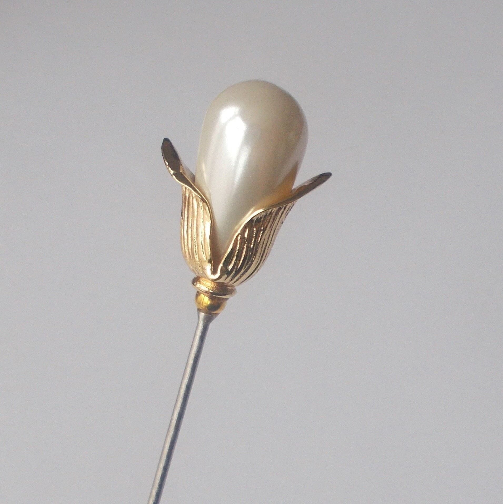 Hatpin - Snowdrop Inspired Classic White Faux Pearl Hat Pin/ Veil Pin & Gold Coloured Findings approx 5.5 inch Handmade 1.2mm Diameter Steel - image 3