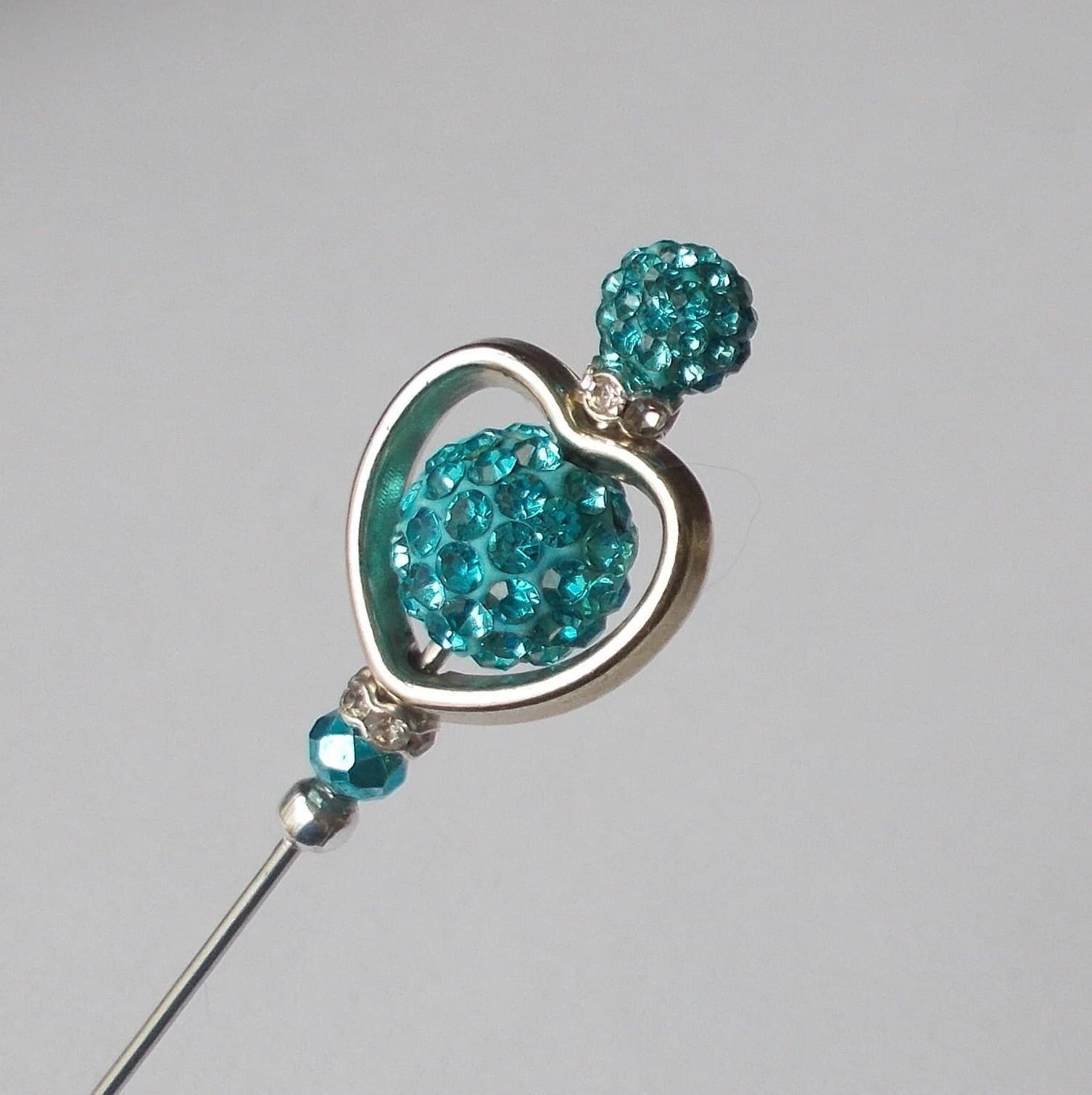 Handmade Hatpin: Silver Heart, Blue Glass Beads (5.25 inch)