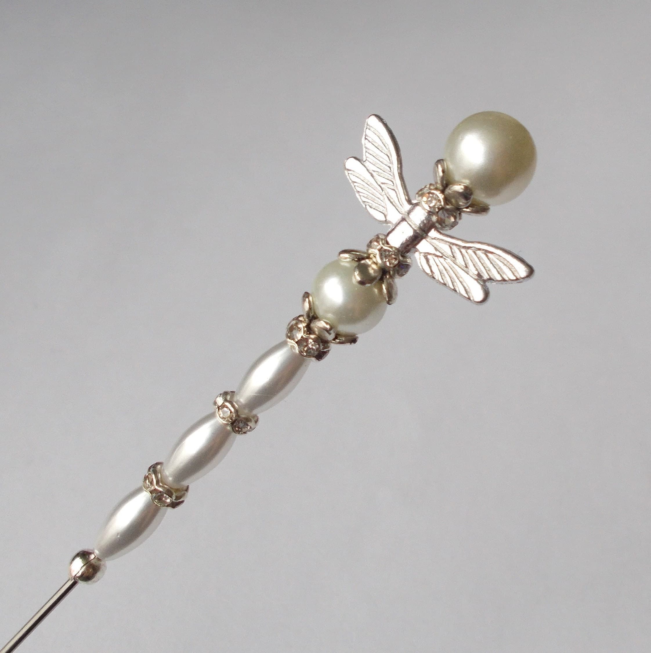 Hatpin - Handmade Faux Pearl Dragonfly Hatpin - Silver Coloured Findings - 7 Inches Long - 1mm Diameter - Gift for Her - image 4
