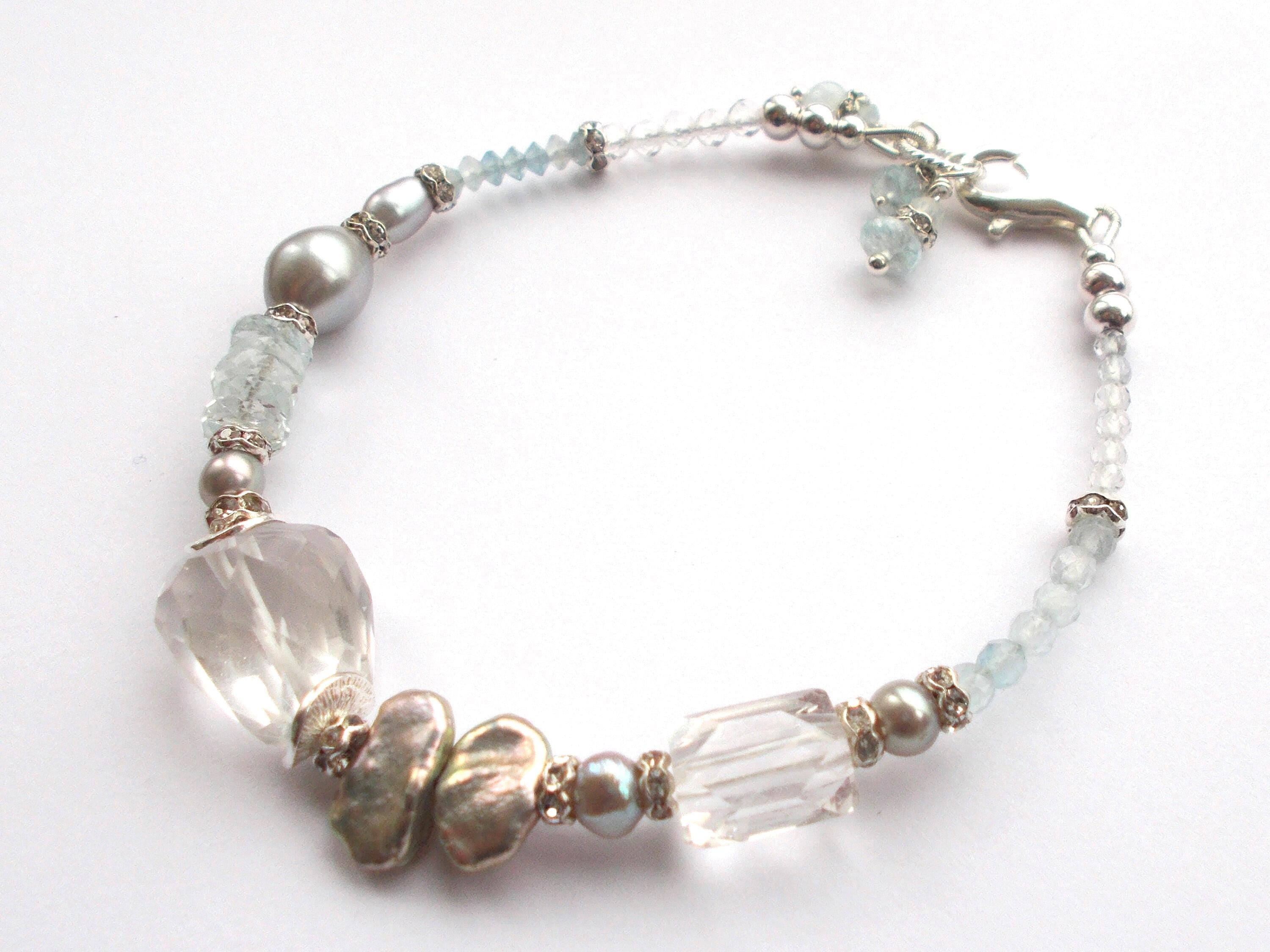 Aquamarine & Rock Crystal Bracelet: Sterling Silver Pearl Gemstone Jewelry - image 4