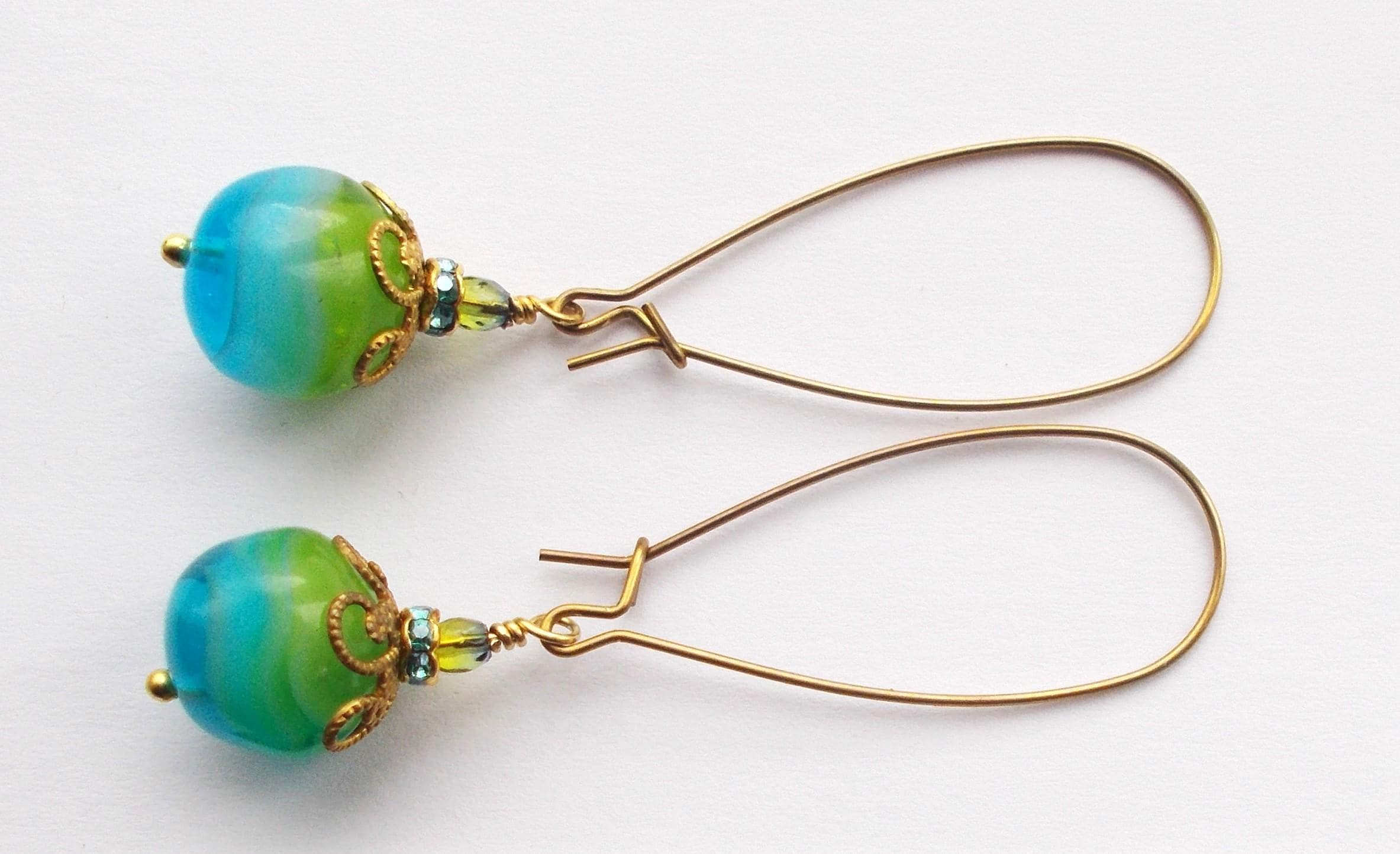 Earrings - Handmade Vintage Green/Blue Glass Stones and Long Brass Finding Earrings