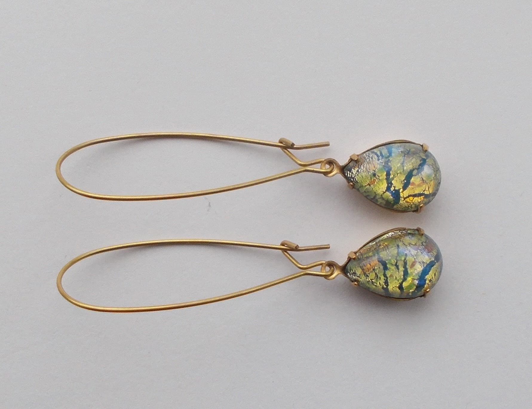 Earrings - Vintage Gold / Green Foil Handmade Brass Long Drop Earrings - image 5