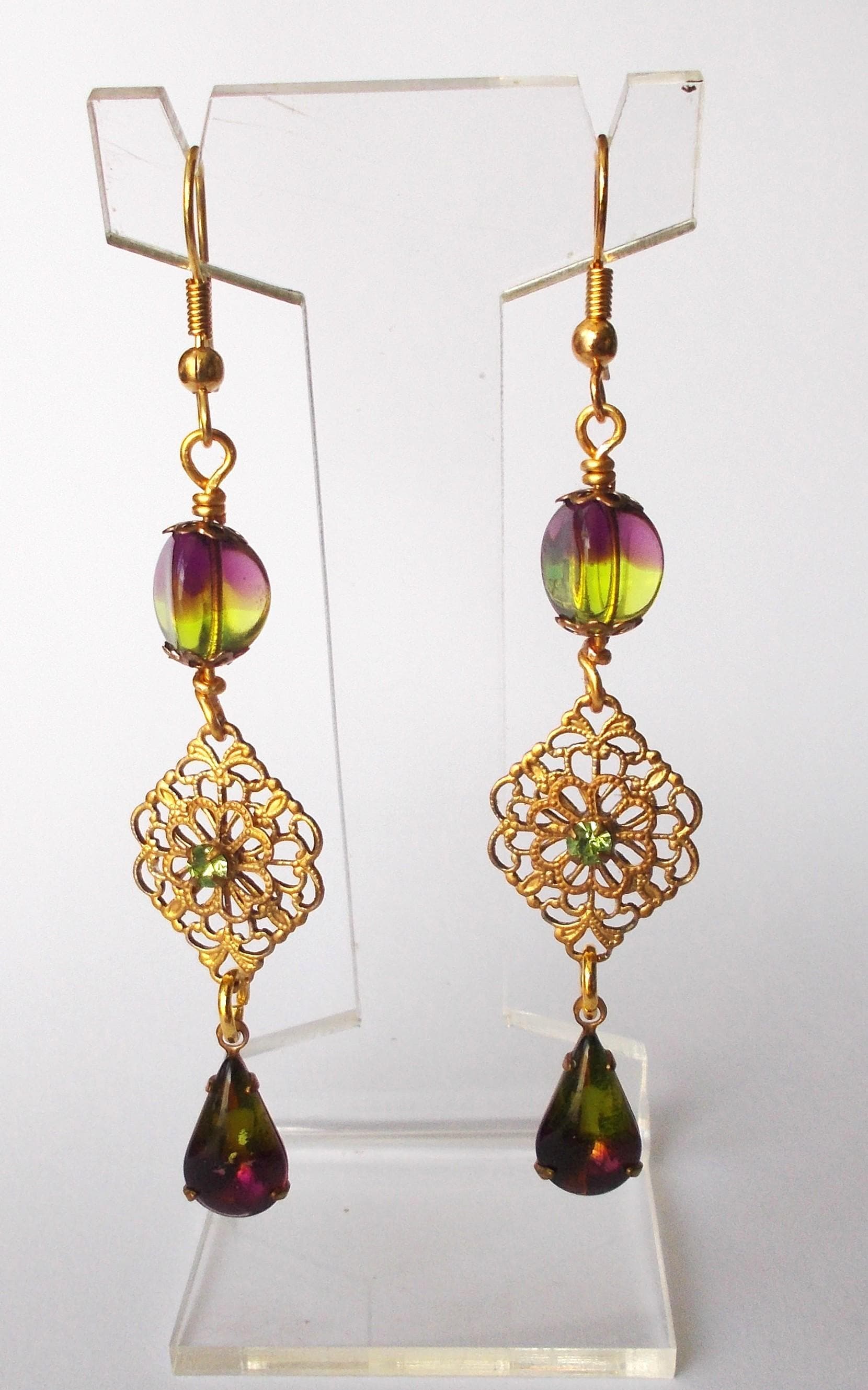 Earrings - Handmade Victorian Style Vintage Glass Beads and Rhinestones - Brass Findings - image 4