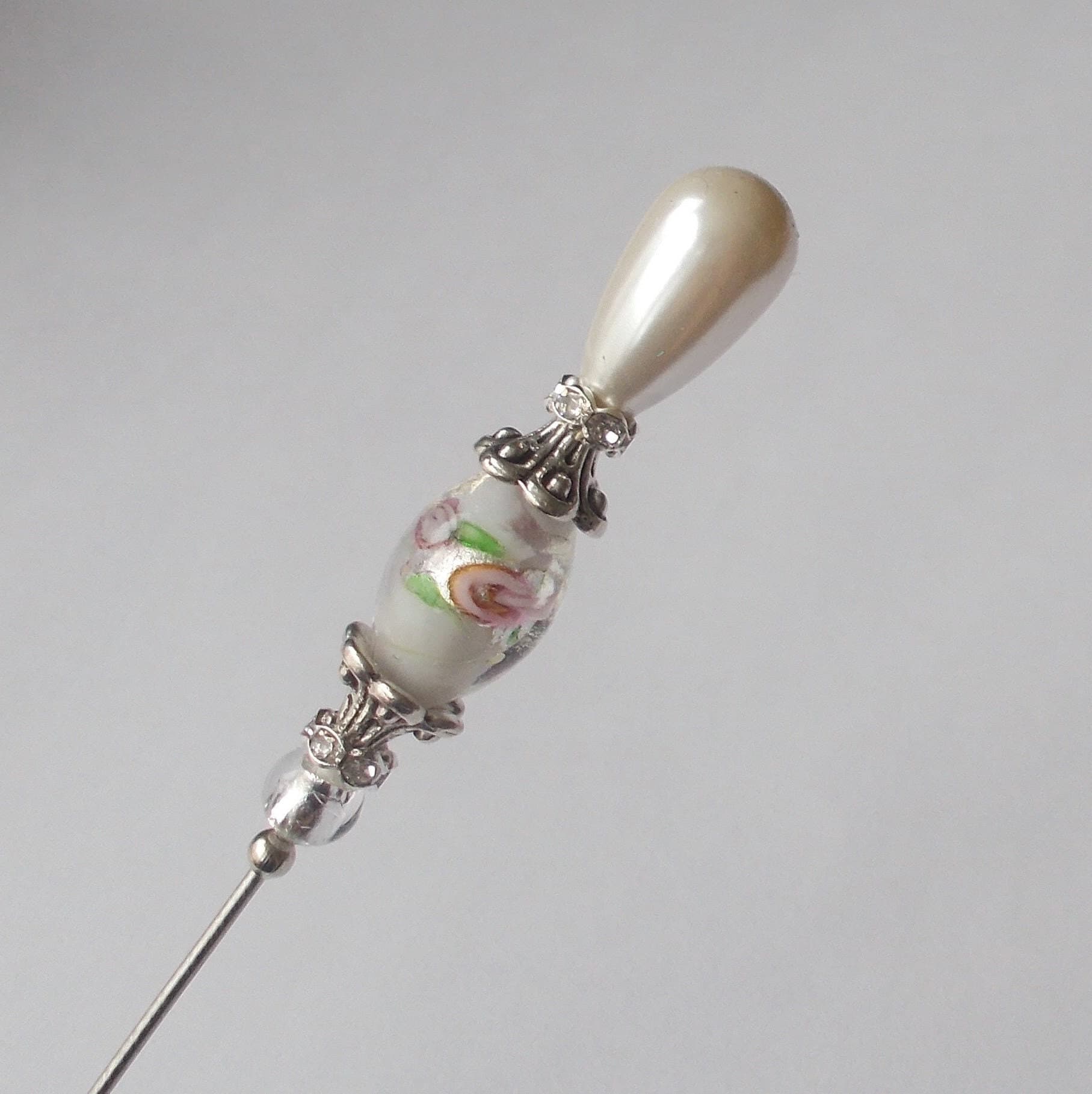 Handmade Faux Pearl Hatpin: White Glass Bead, Silver Tone, 6.5 Inch - image 5