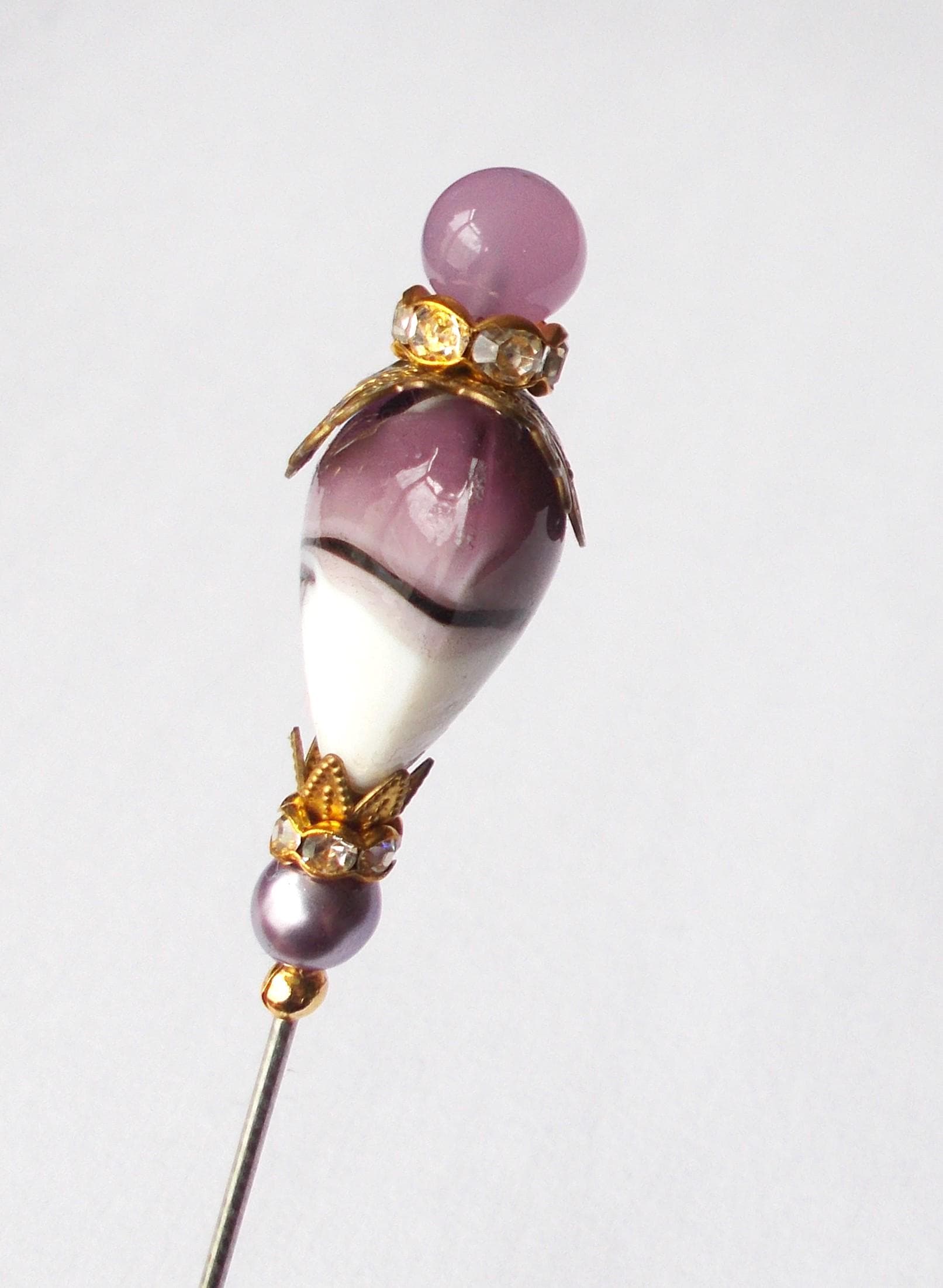 Amethyst Heart Glass Hatpin: Vintage Brass & Rhinestone Accent - image 4