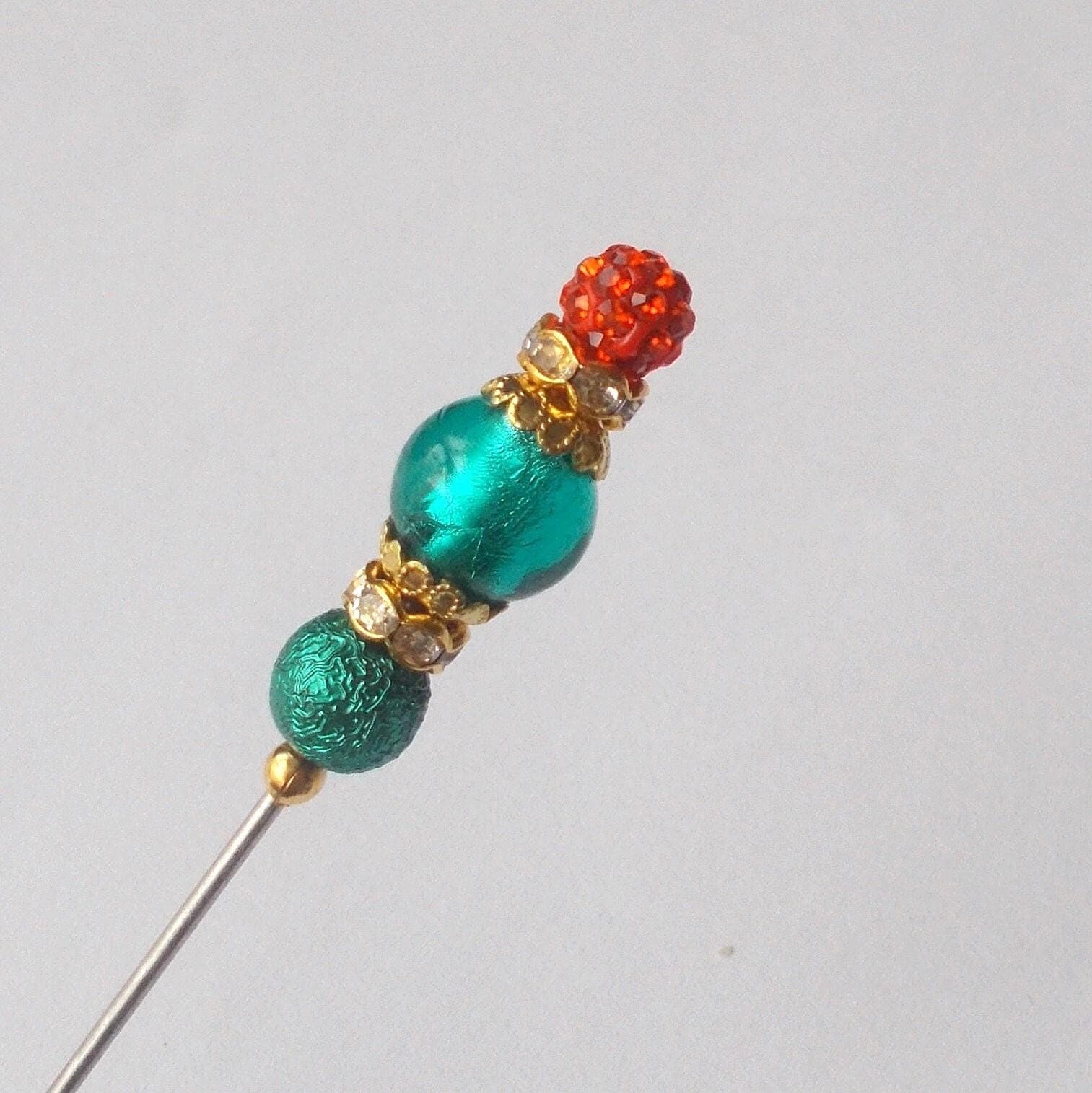 Handmade Glass Bead Hatpin: Orange & Green Vintage Style, 5 inch - image 5