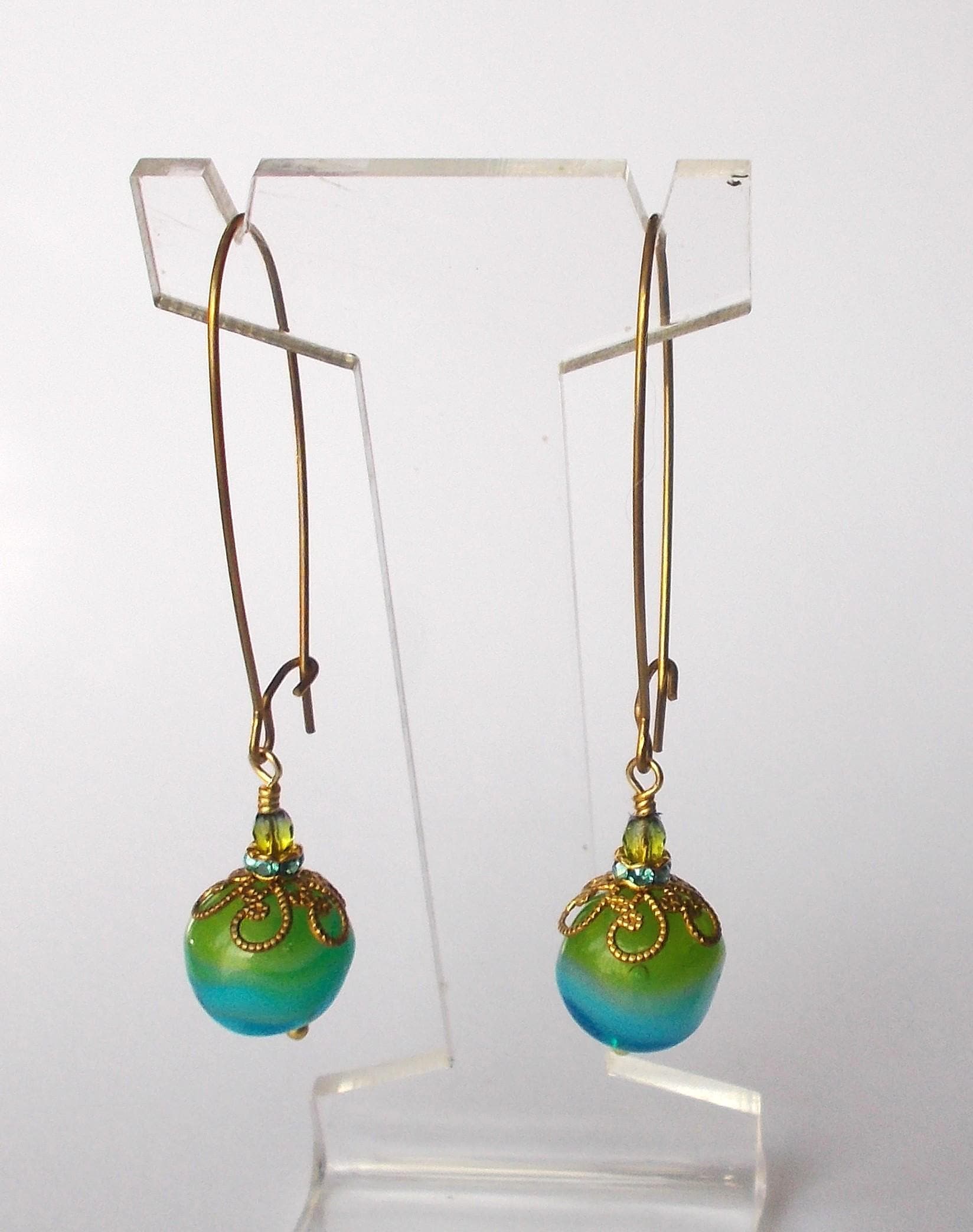 Earrings - Handmade Vintage Green/Blue Glass Stones and Long Brass Finding Earrings - image 4