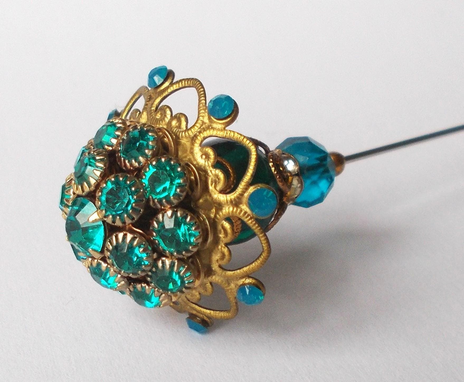 Hatpin - Limited Edition Stunning Rhinestone Decorated Metal Top and Glass Bead 7 inch Handmade 1mm Diameter Steel pin