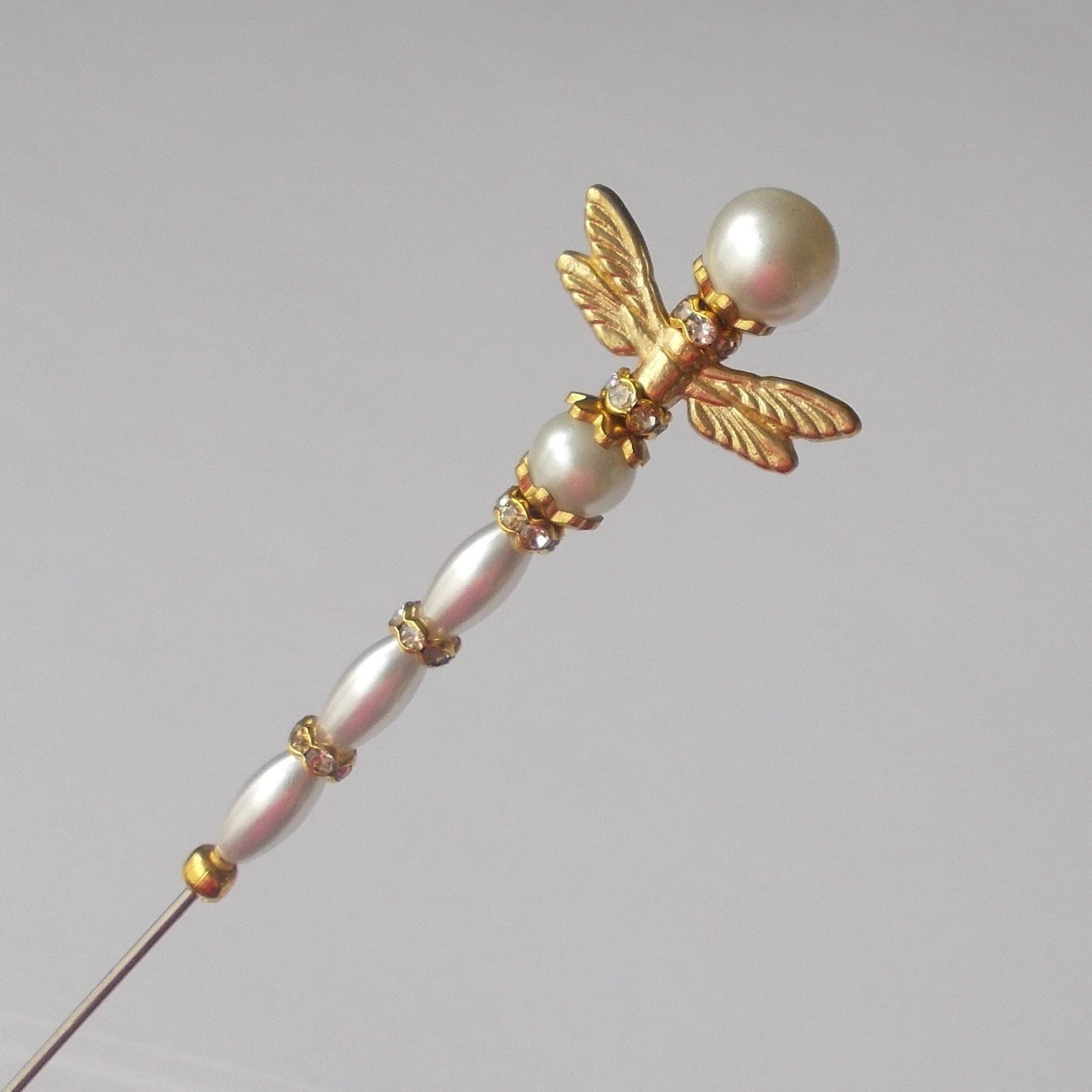 Handmade Faux Pearl Dragonfly Hatpin: Rhinestone Rondelles, Steel Pin - image 5