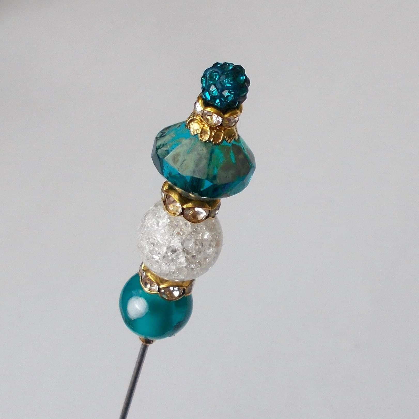 Teal Glass Bead Hatpin: Handmade Antique Style Steel Pin