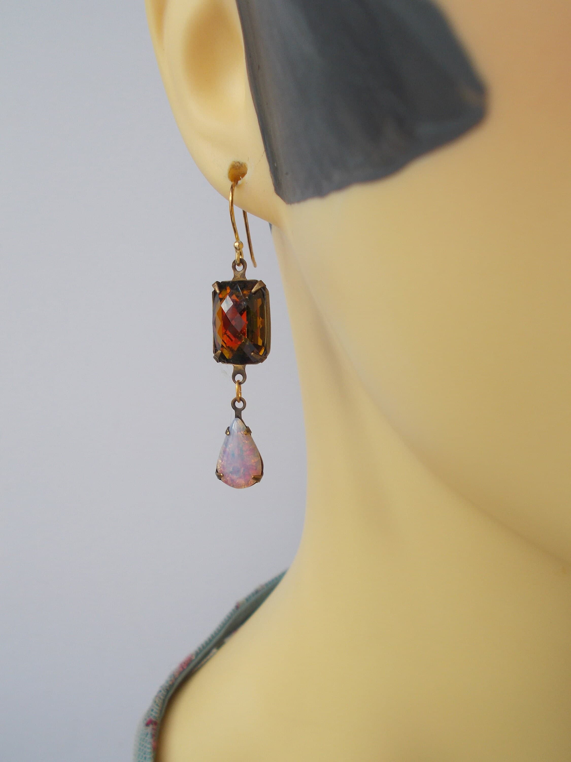 Vintage Rhinestone Dangle Earrings: Brown, Pink, Gold Vermeil - image 3