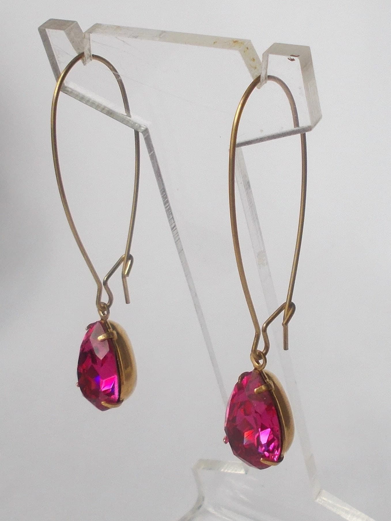 Earrings - Vintage Fuchsia Pink Rhinestone Glass Earrings with Long Brass Ear Hooks - Gift for Her - image 4
