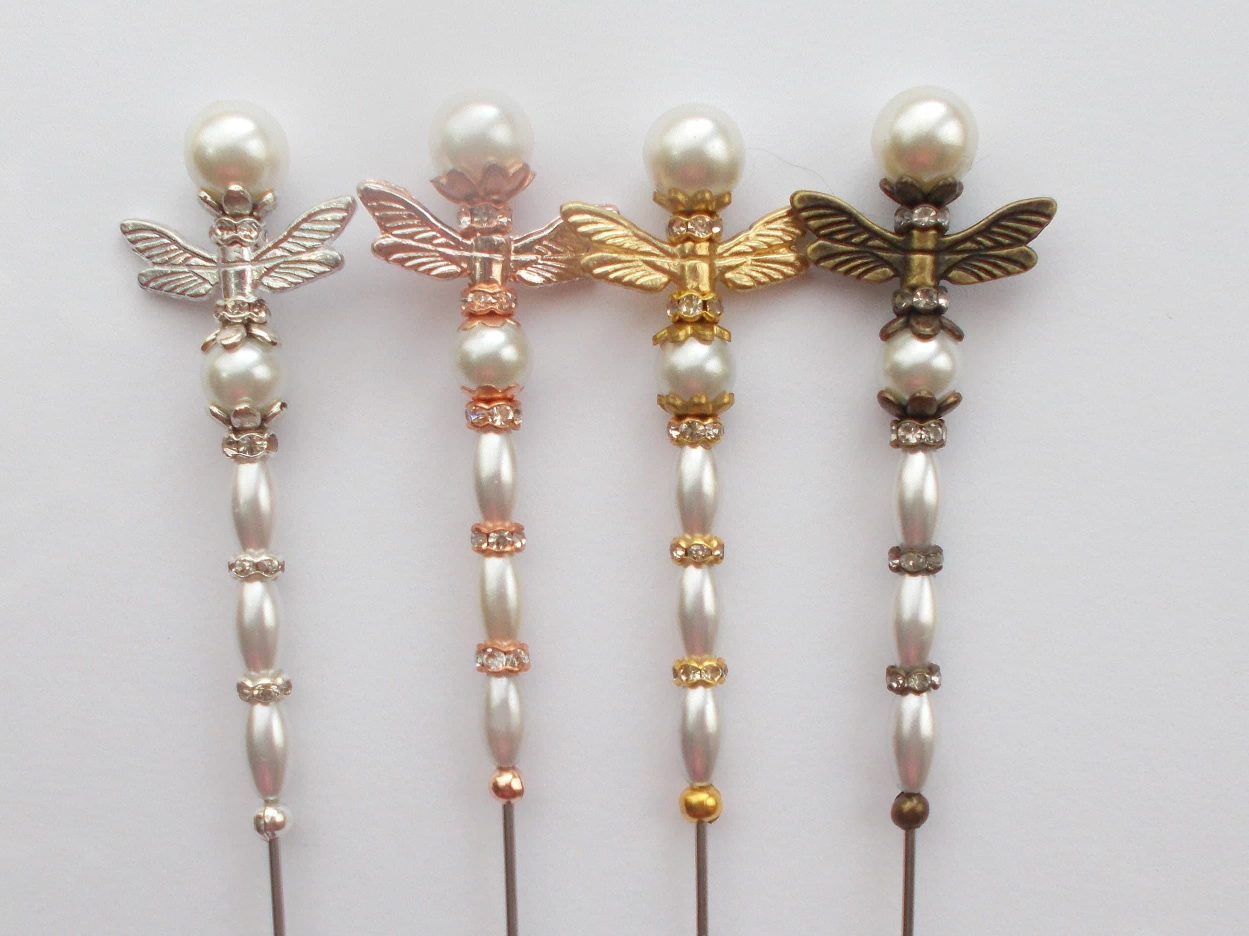 Handmade Faux Pearl Dragonfly Hatpin: Rhinestone Rondelles, Steel Pin - image 3