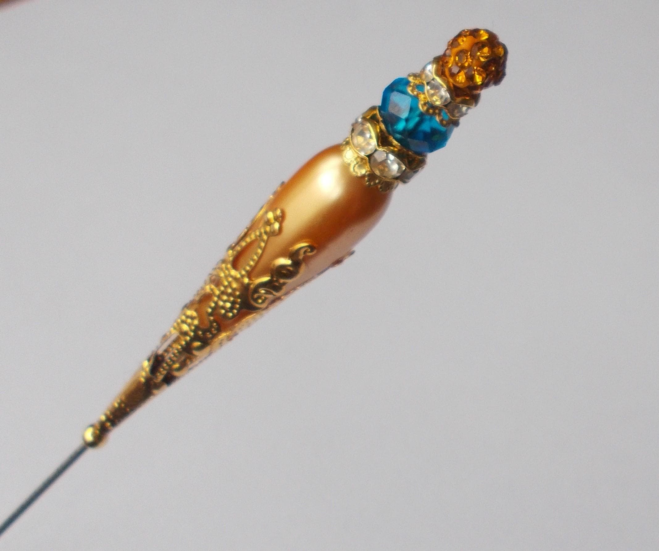 Hatpin - Orange Faux Pearl & Blue Glass Bead Handmade Hatpin, 1.2mm Diameter Steel Pin, 6.25 Inches Long. - image 4