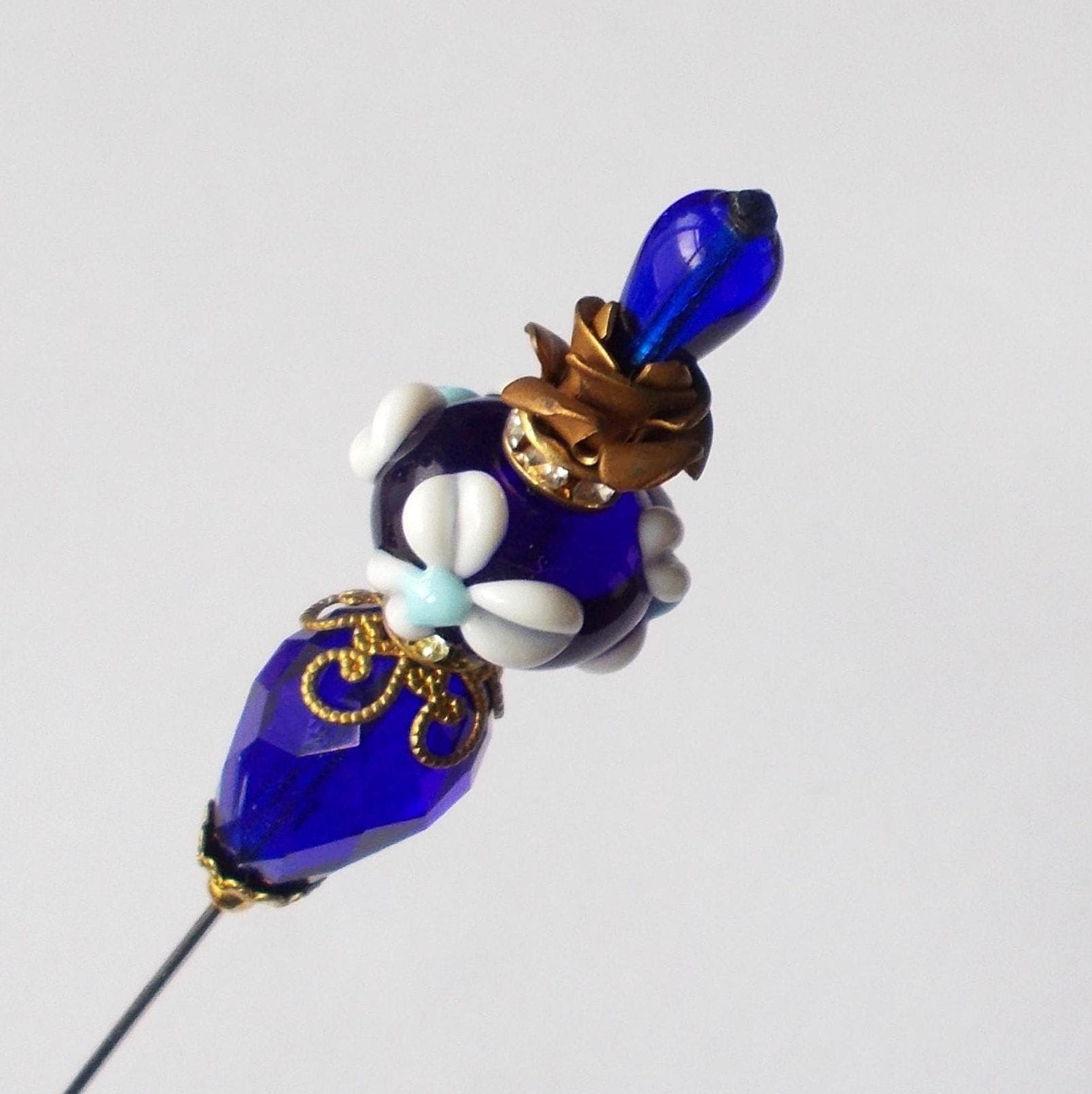 Handmade Cobalt Blue Glass Bead Hatpin: Gold Tone Floral Accent - image 4